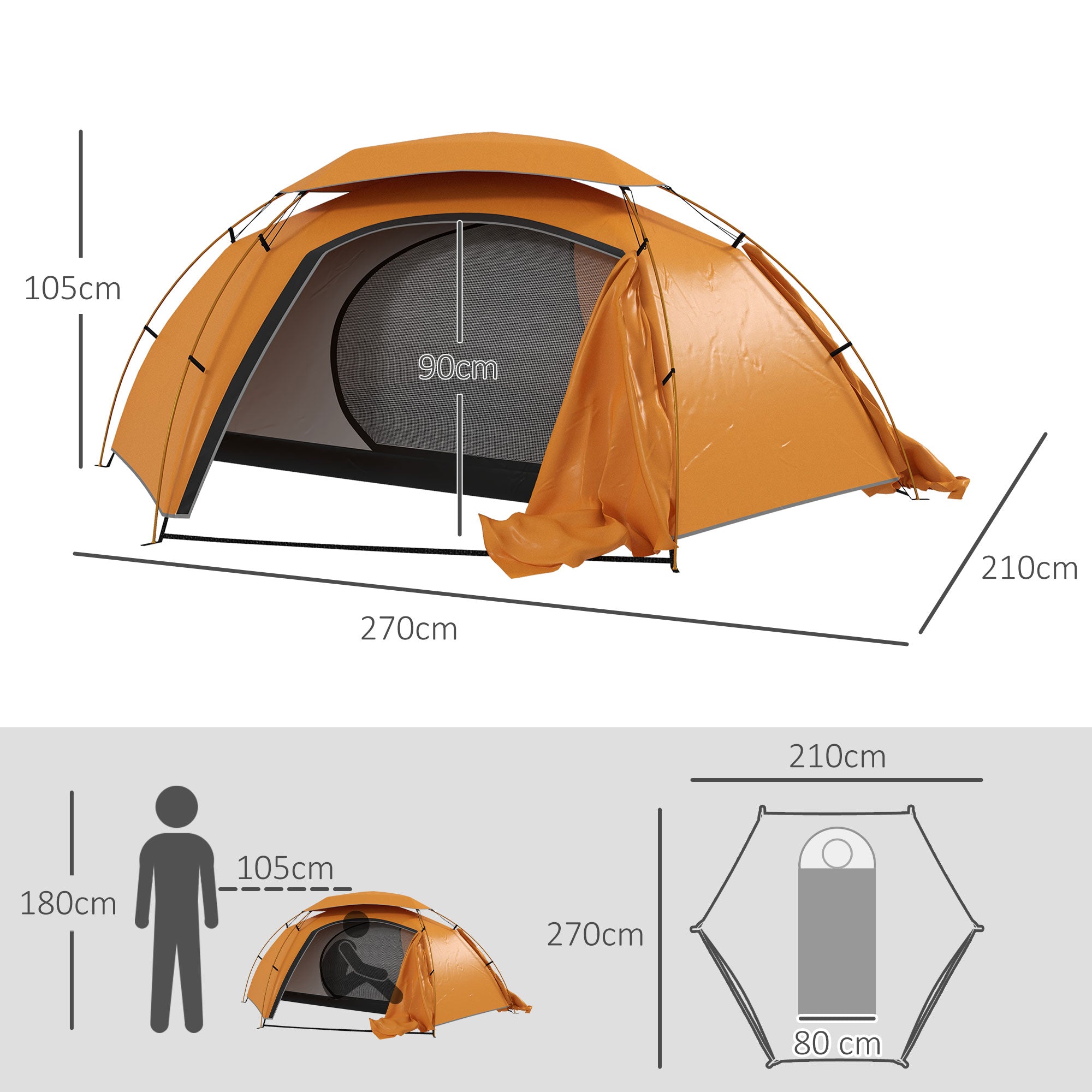 Aluminium Frame Camping Tent Dome Tent with Removable Rainfly, 2000mm Waterproof, for 1-2 Man, Orange