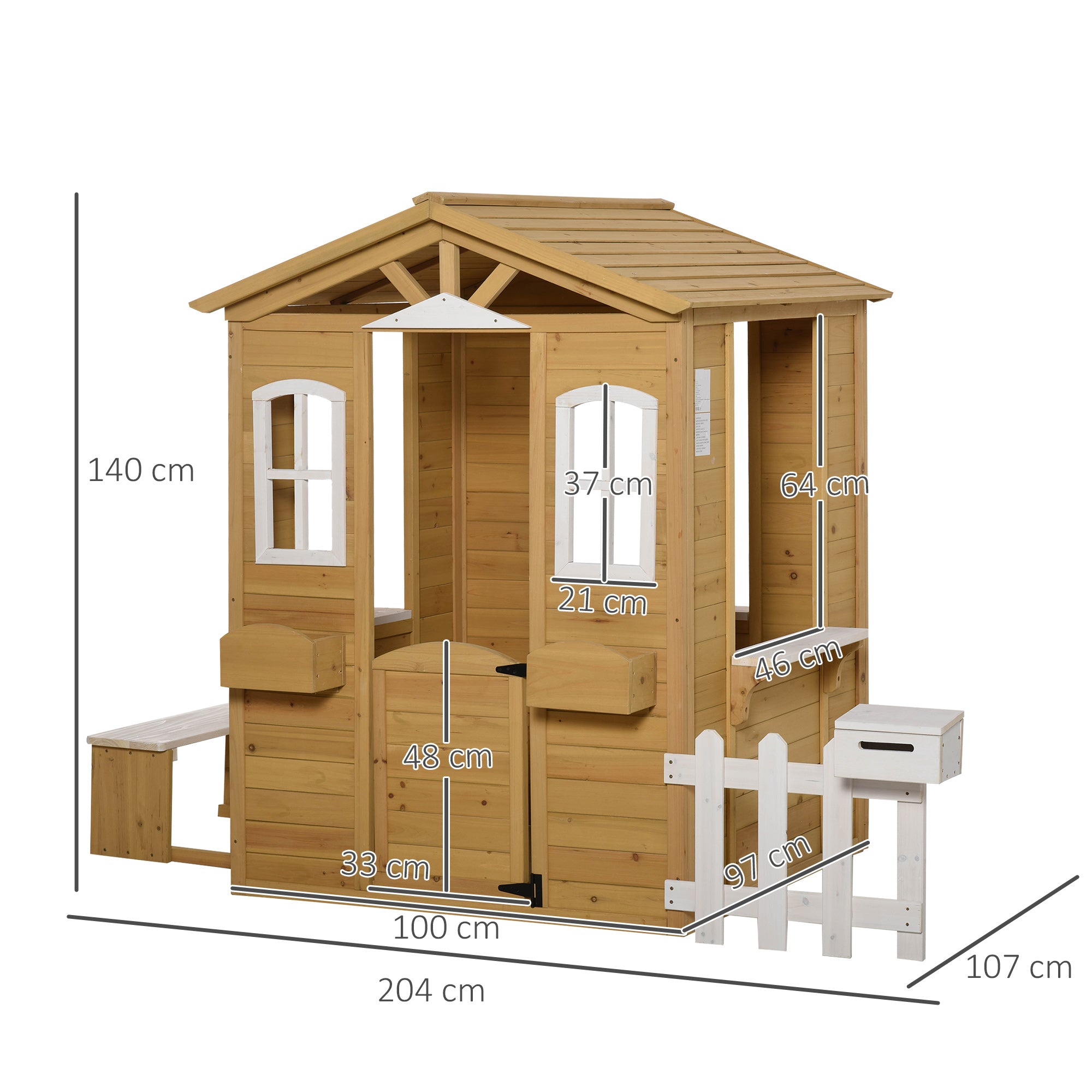 Wooden Playhouse for Outdoor with Door Windows Mailbox Flower Pot Holder Serving Station Bench for Kids Children Toddlers Natural