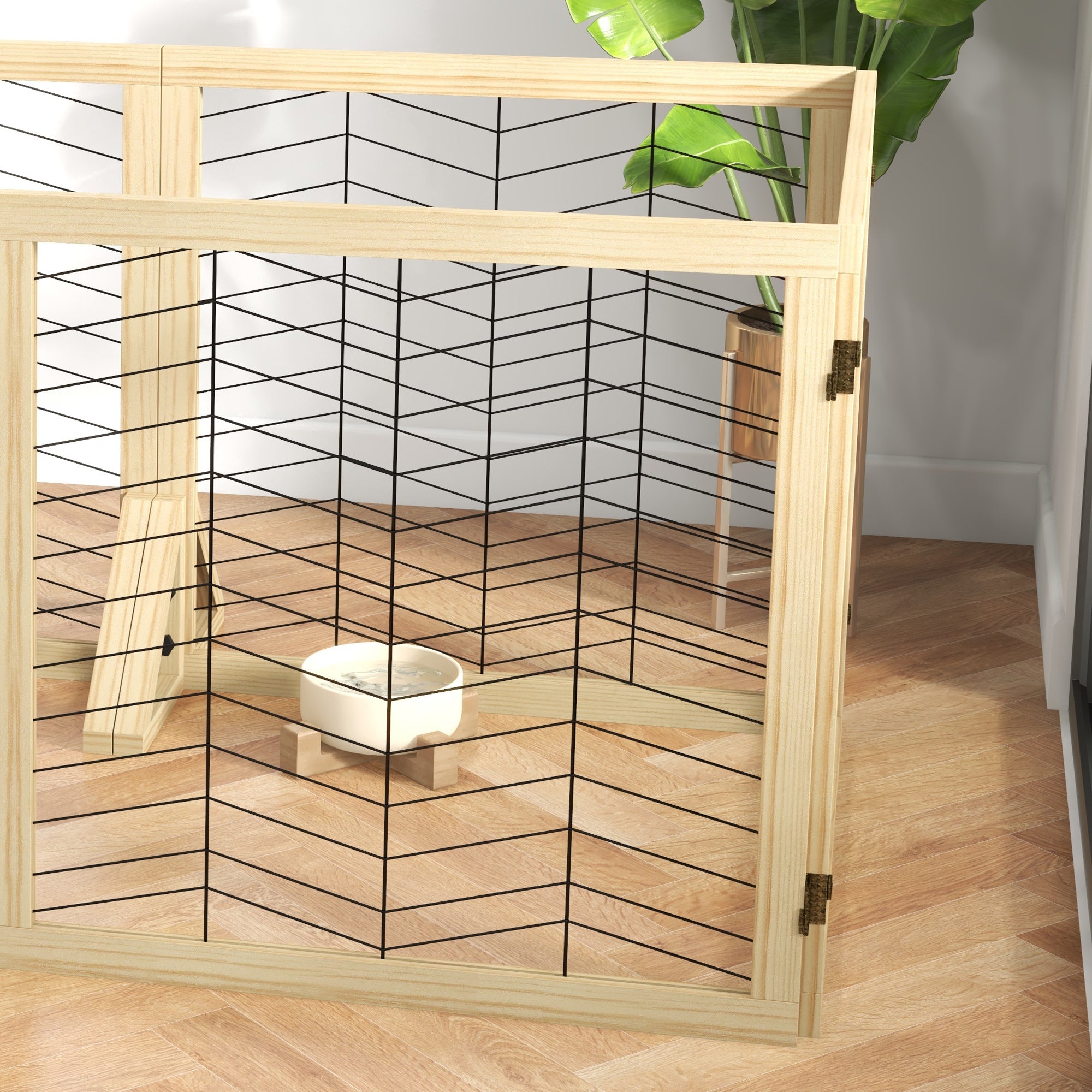 6 Panels Pet Gate, Wooden Foldable Dog Barrier w 2PCS Support Feet, for Small Medium Dogs - Natural Wood Finish