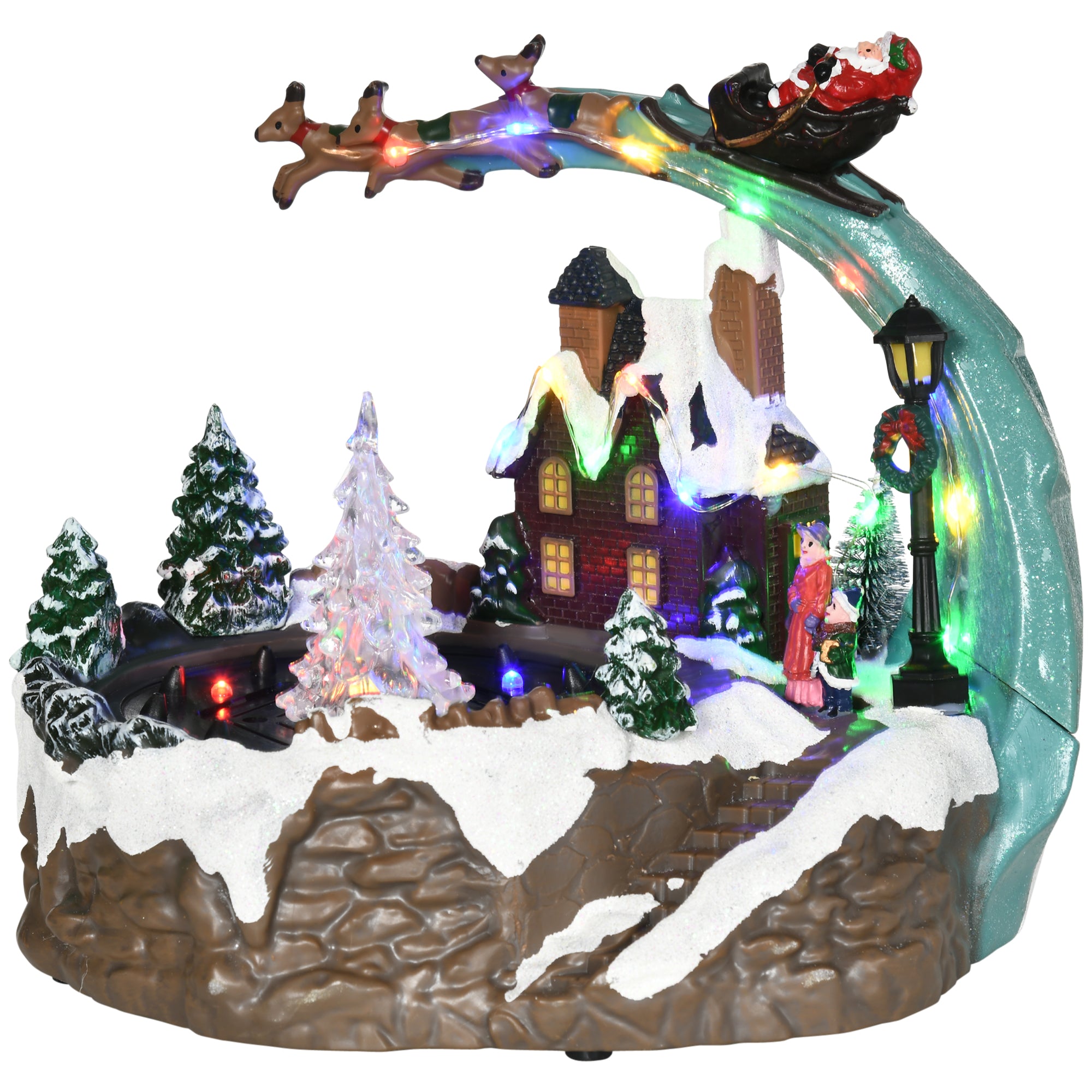 Fountain Christmas Village, Santa and Deer Animated Winter Wonderland Set with Multicoloured LED Light, Plug-In Christmas Decoration