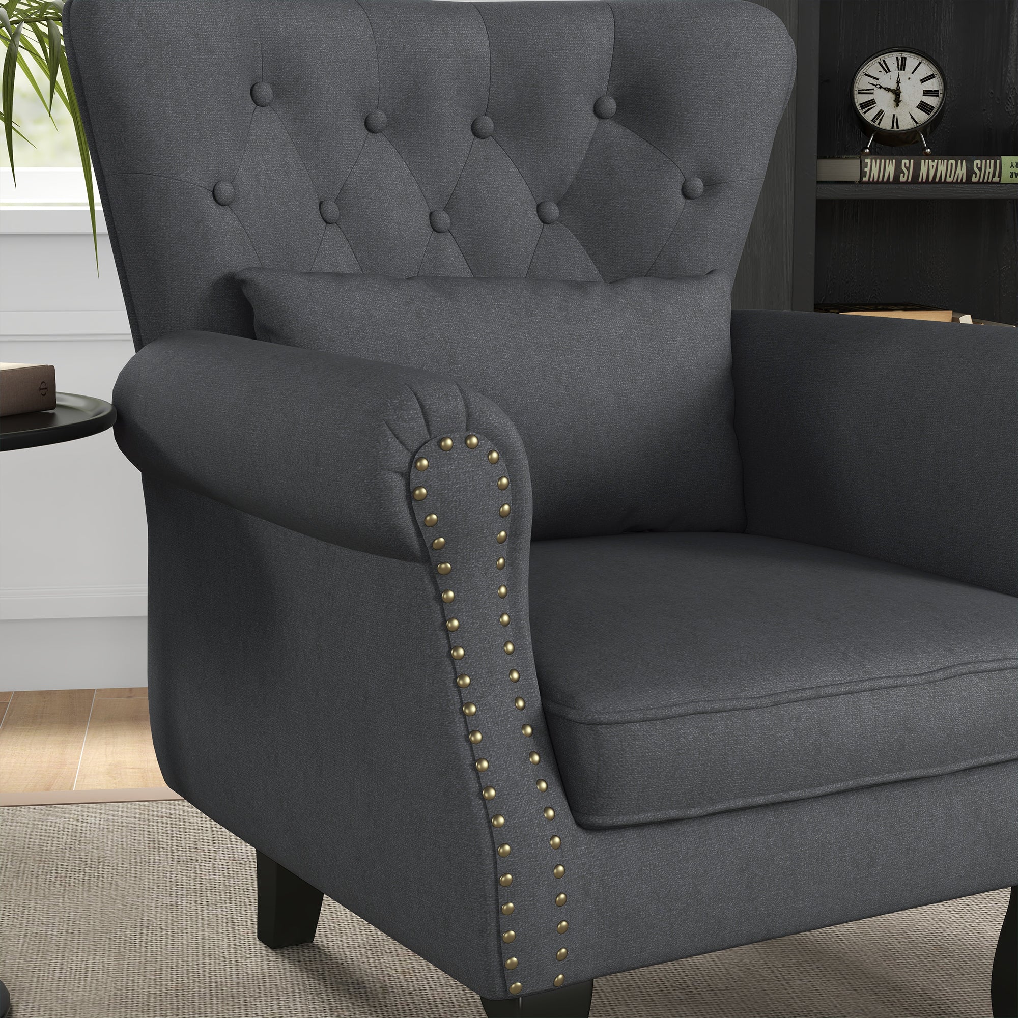 Chesterfield-style Accent Chair, Tufted Wingback Armchair with Pillow, Naihead Trim for Living Room, Bedroom, Dark Grey