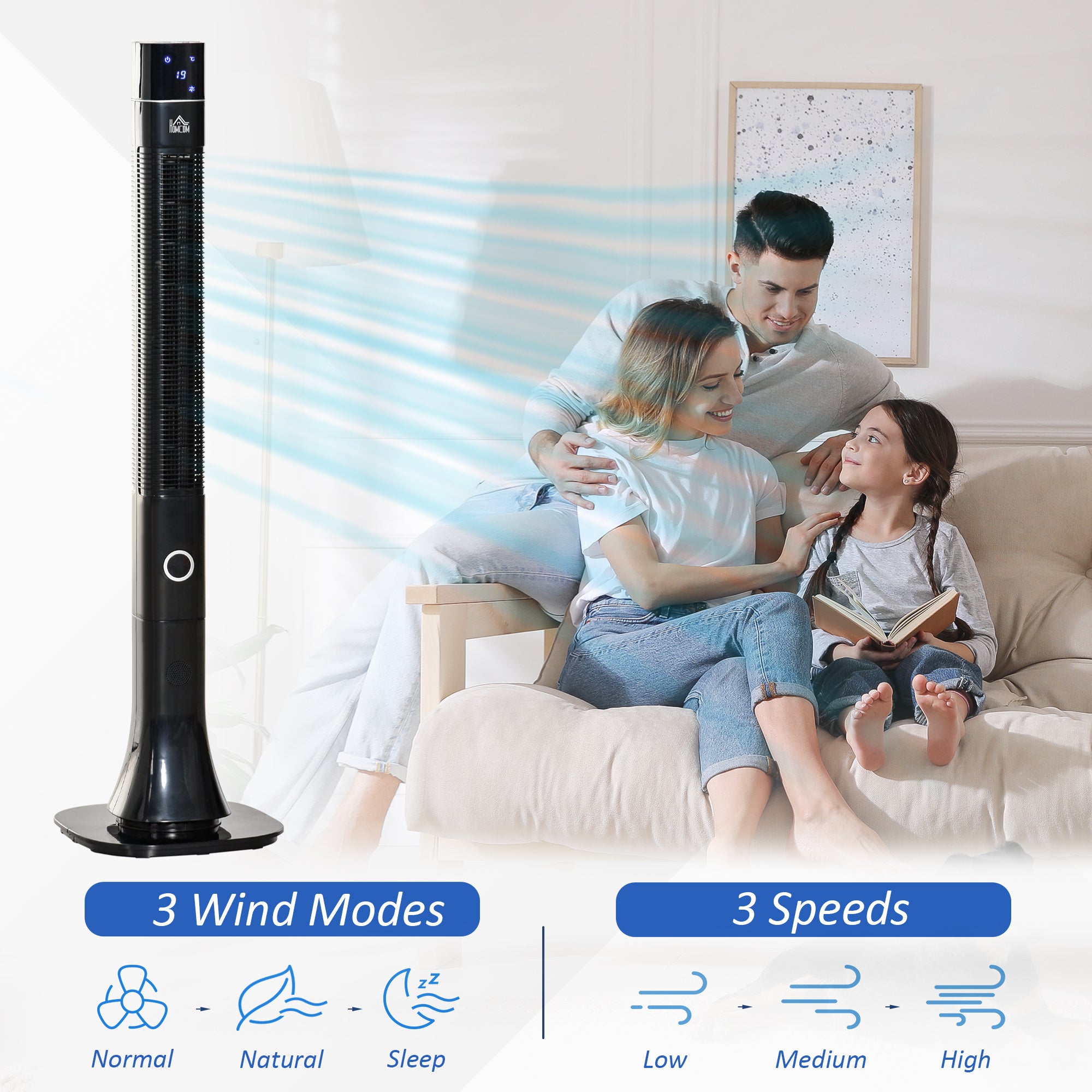 47" Anion Tower Fan Cooling for Bedroom with 3 Speed, 12h Timer, Oscillating, LED Display, Remote Controller, Black