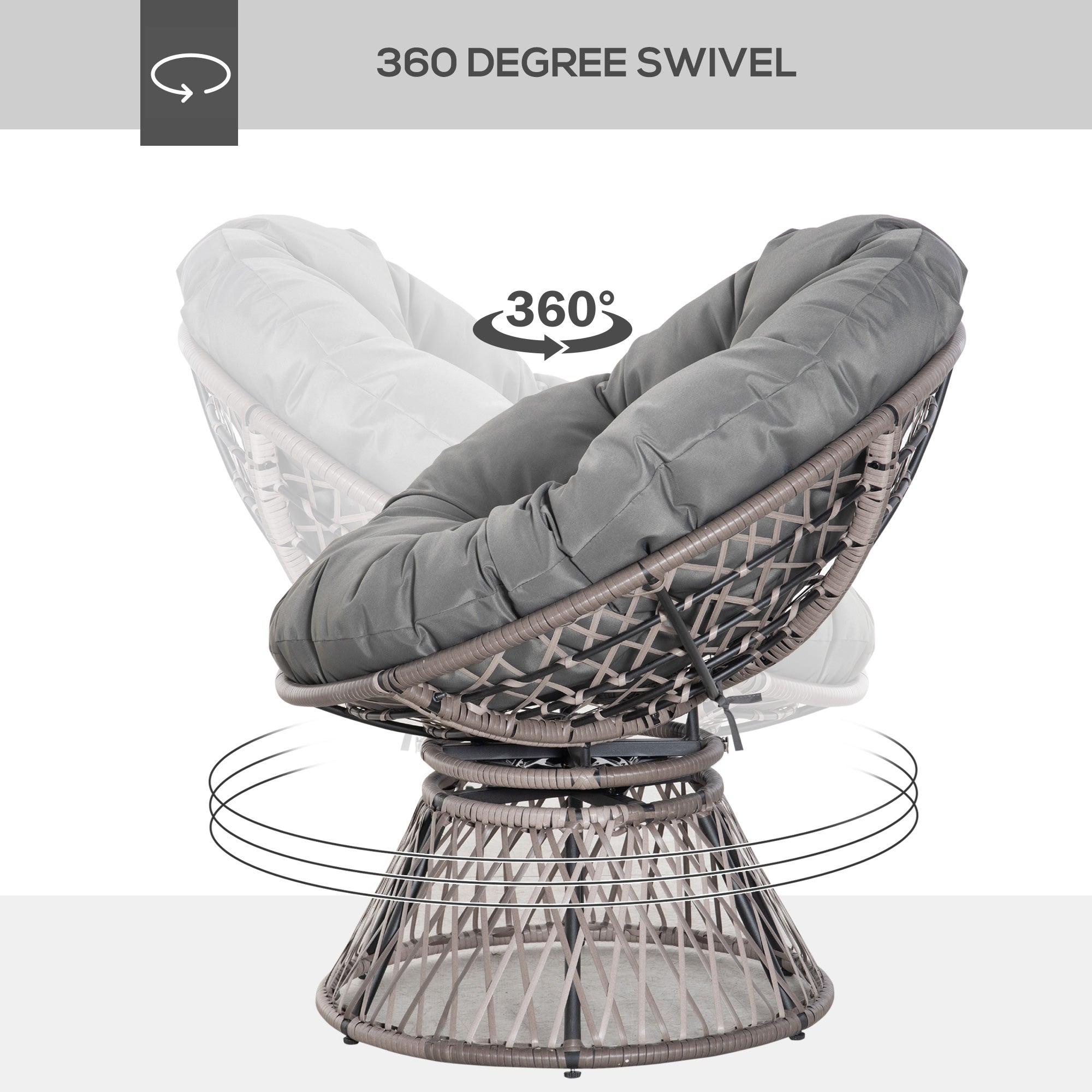 360° Swivel Oversized Rattan Papasan Moon Bowl Lounge Chair with Padded Cushion - Grey