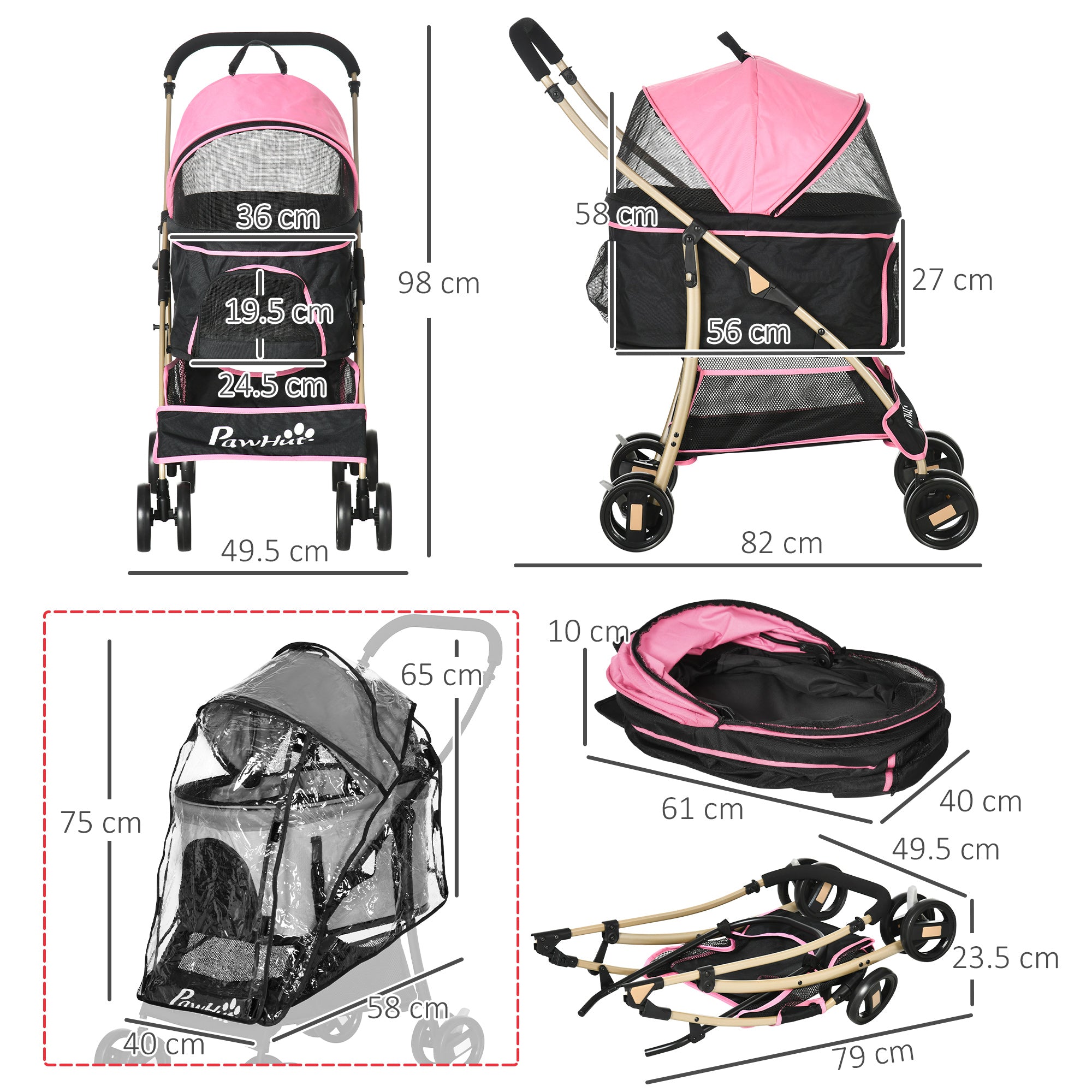 Detachable Pet Stroller with Rain Cover, 3 In 1 Cat Dog Pushchair, Foldable Carrying Bag w/ Universal Wheels, Brake, Canopy, Basket