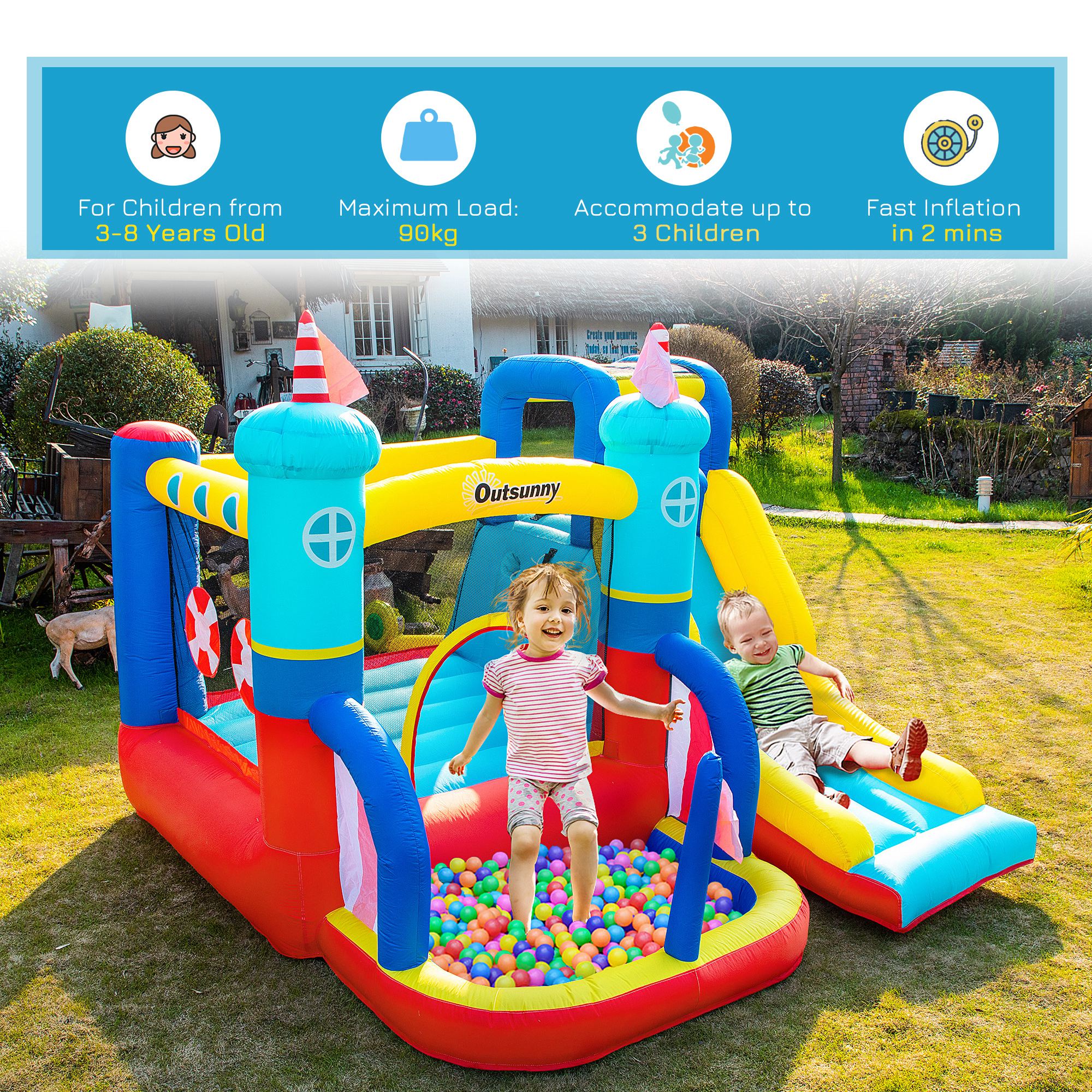 4 in 1 Kids Bounce Castle Large Sailboat Style Inflatable House Slide Trampoline Water Pool Climbing Wall for Kids Age 3-8, 2.65 x 2.6 x 2m