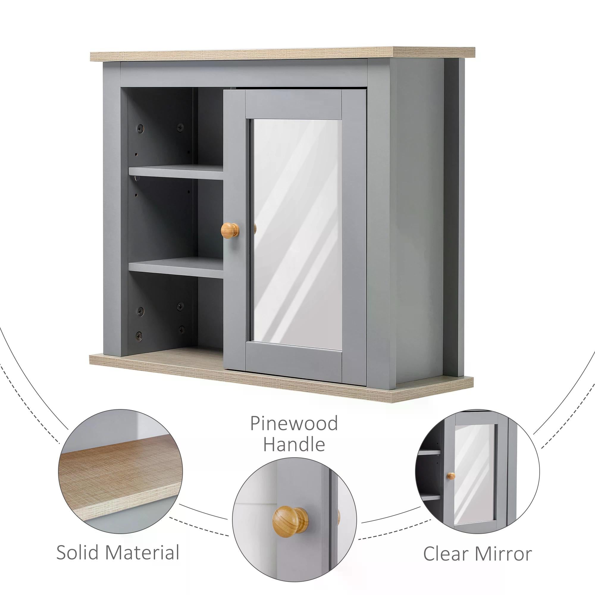 Bathroom Wall Mirror Storage Cabinet with Adjustable Shelves - Grey