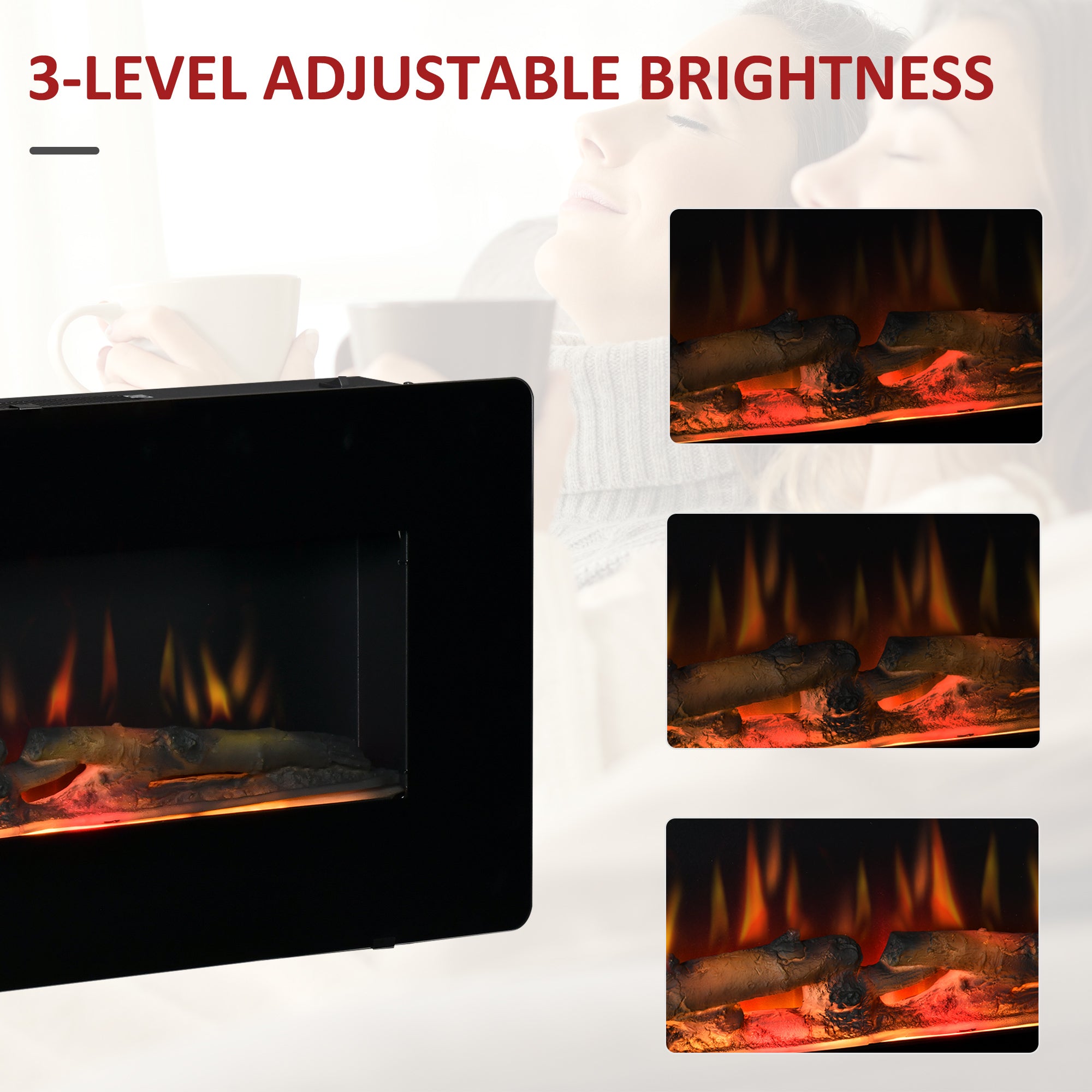 Electric Wall-Mounted Fireplace Heater with Adjustable Flame Effect, Remote Control, Timer, 1800/2000W, Black