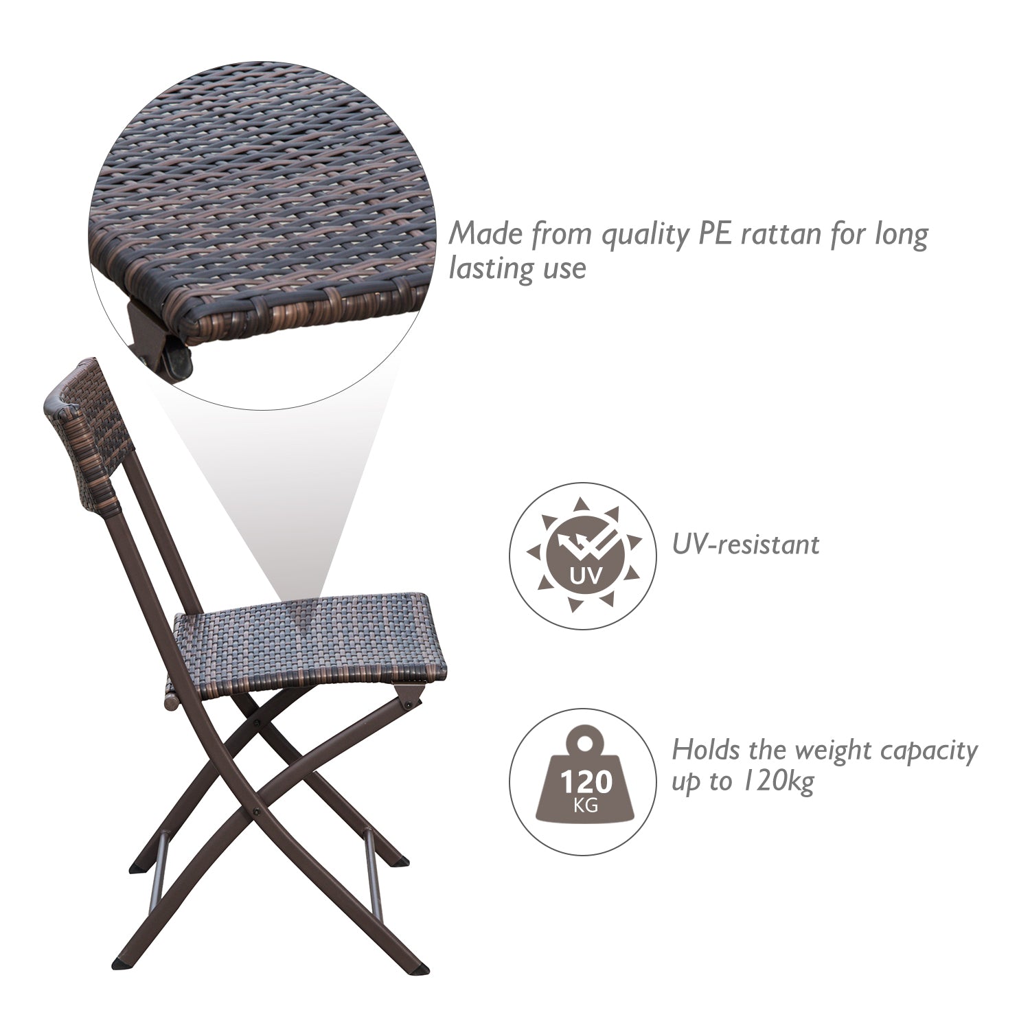 Rattan Bistro Set 2-Seater Garden Furniture Folding Rattan Chair Glass Topped Coffee Table Patio Balcony Wicker Furniture, Brown