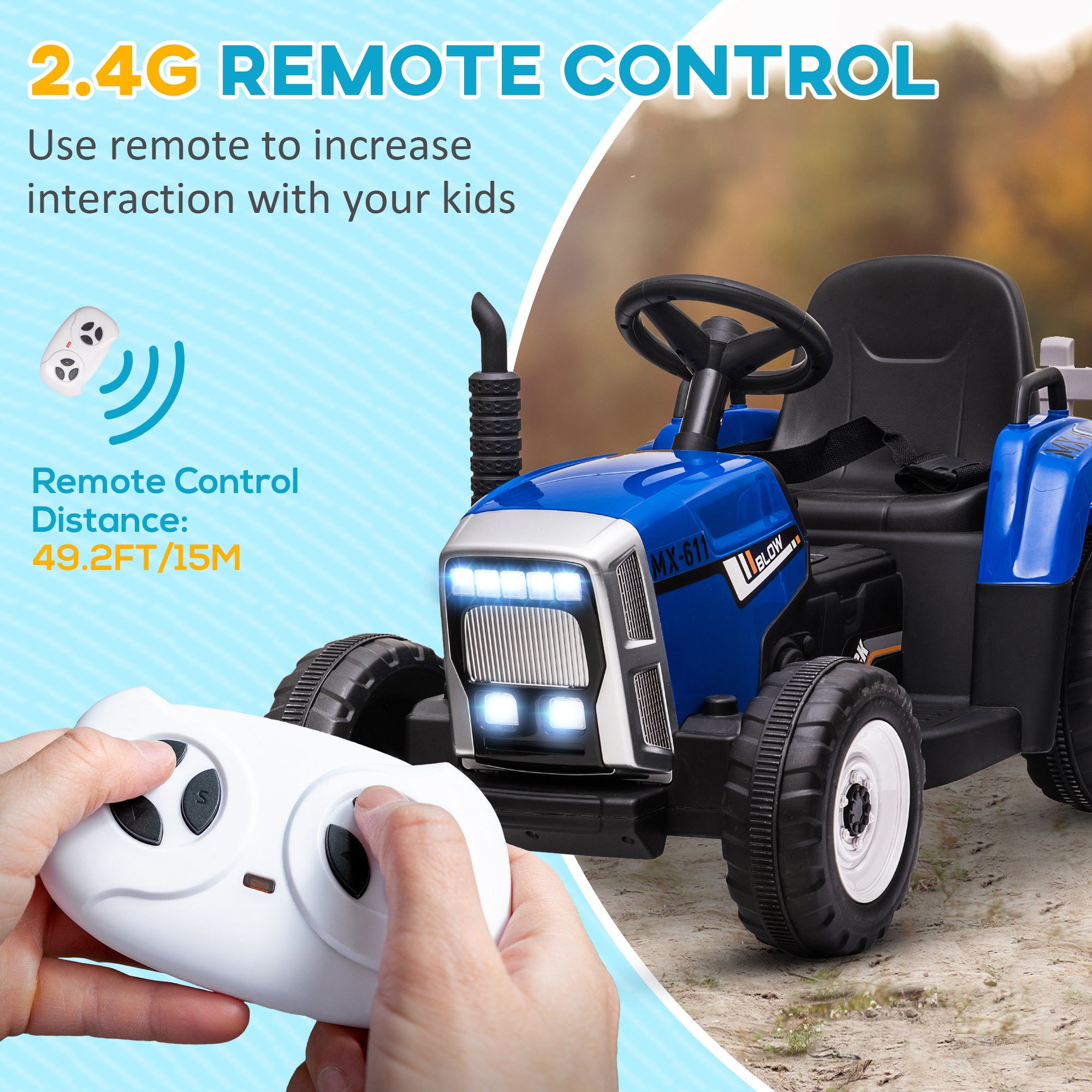 Electric Ride on Tractor w/ Detachable Trailer, 12V Kids Battery Powered Electric Car w/ Remote Control, Music Start up Sound, Blue