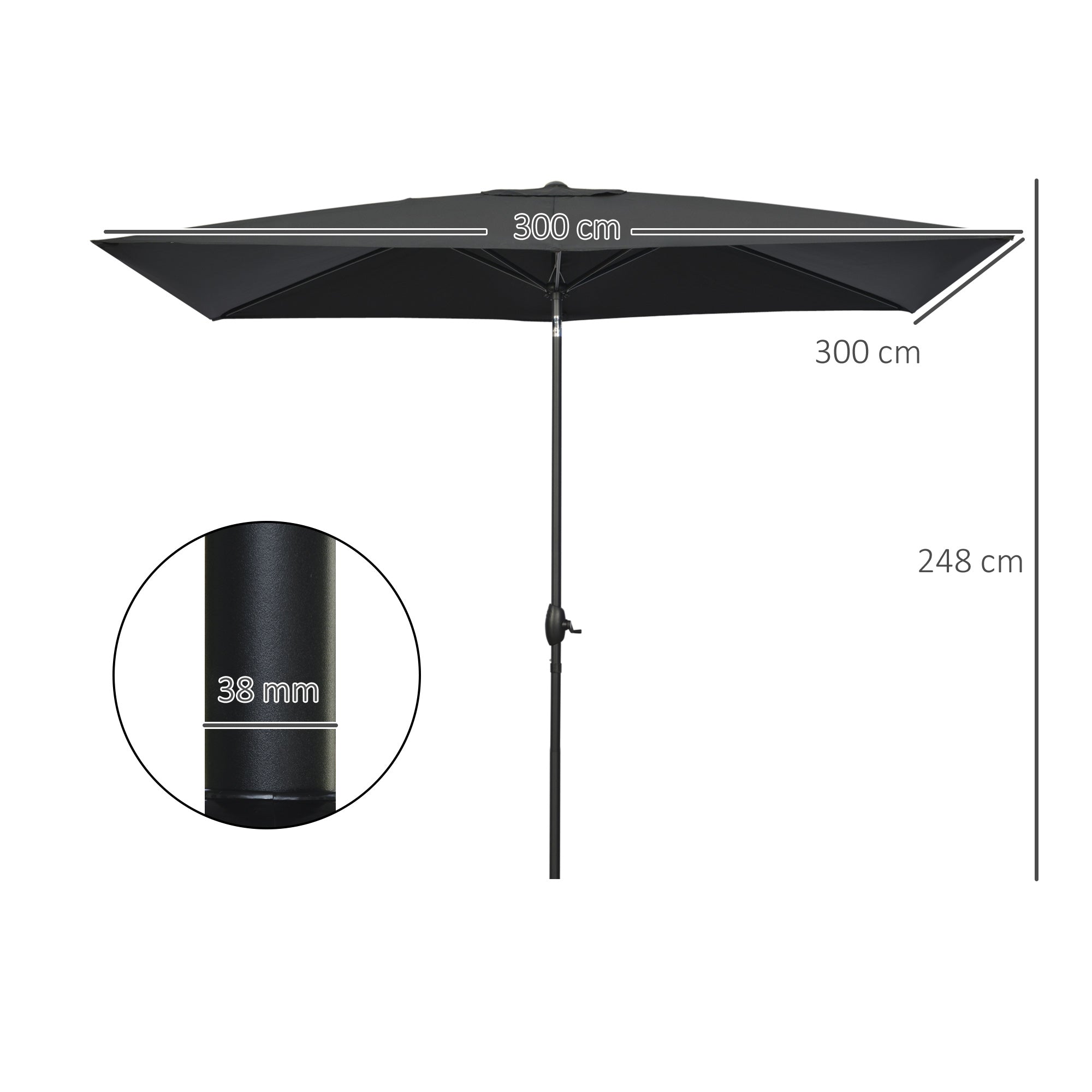 2 x 3(m) Garden Parasols Umbrellas Rectangular Patio Market Umbrella Outdoor Sun Shade w/ Crank & Push Button Tilt, Aluminium Pole, Black