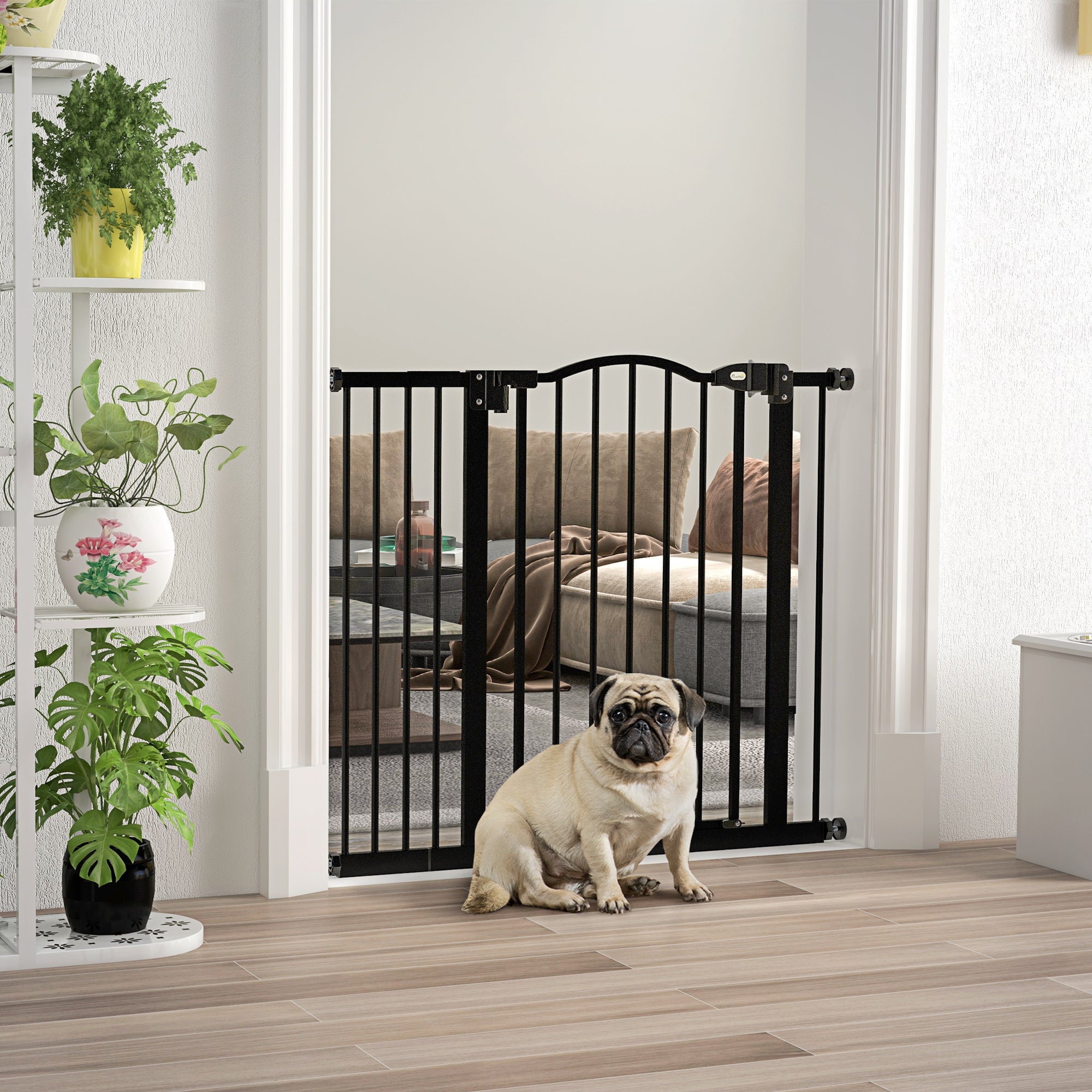 Metal 74-94cm Adjustable Pet Gate Safety Barrier w/ Auto-Close Door Black