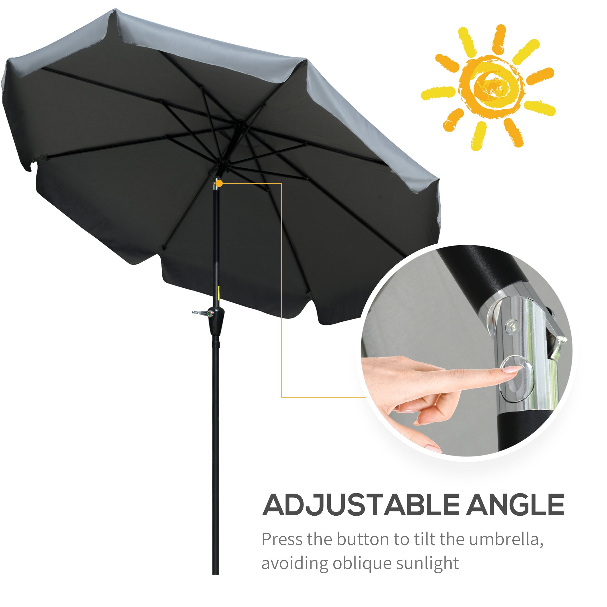 2.66m Patio Umbrella with Ruffles and Crank Handle - Charcoal Grey