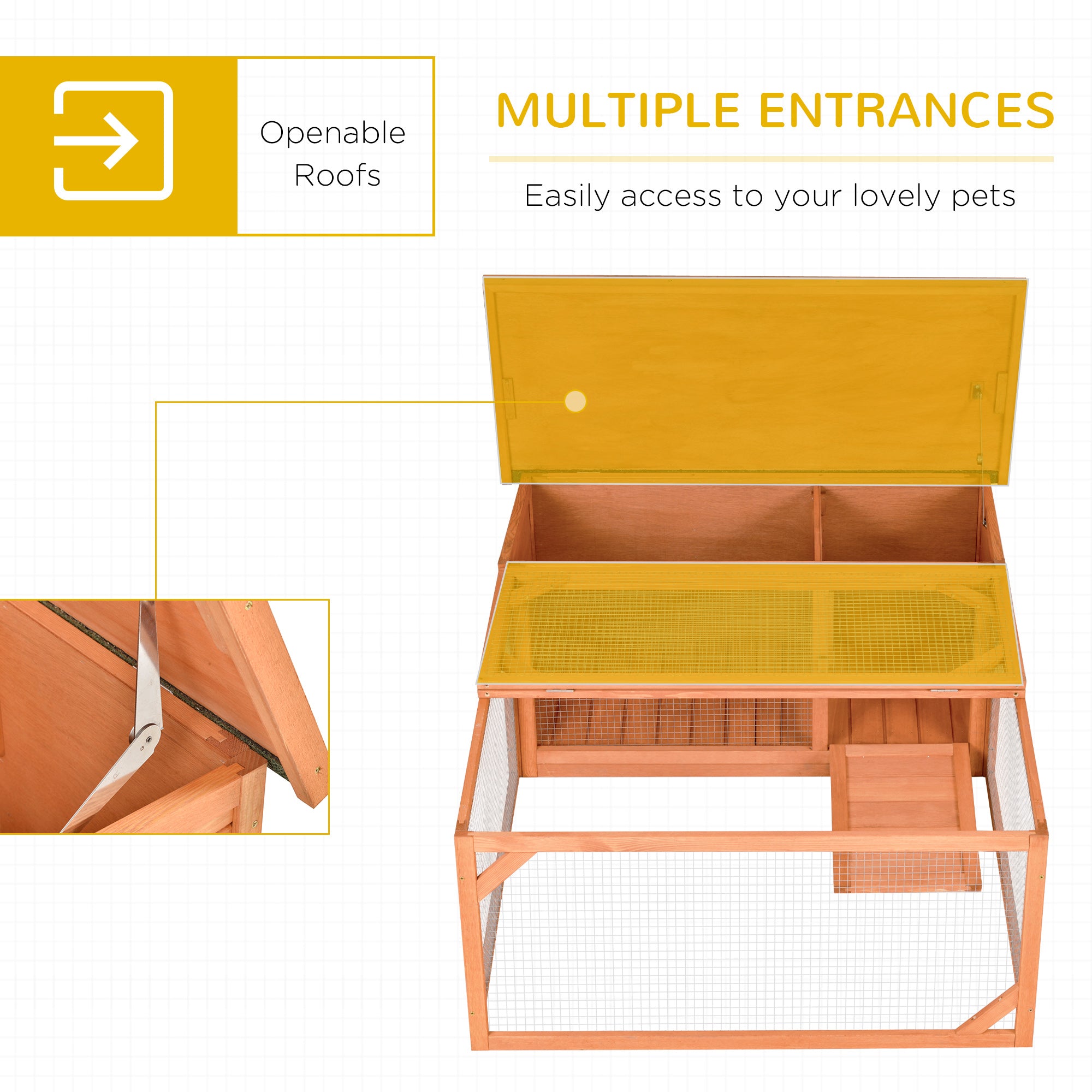 Rabbit Hutch Small Animal Guinea Pig House Off-ground Ferret Bunny Cage Backyard with Openable Main House & Run Roof 125.5 x 100 x 49cm Orange