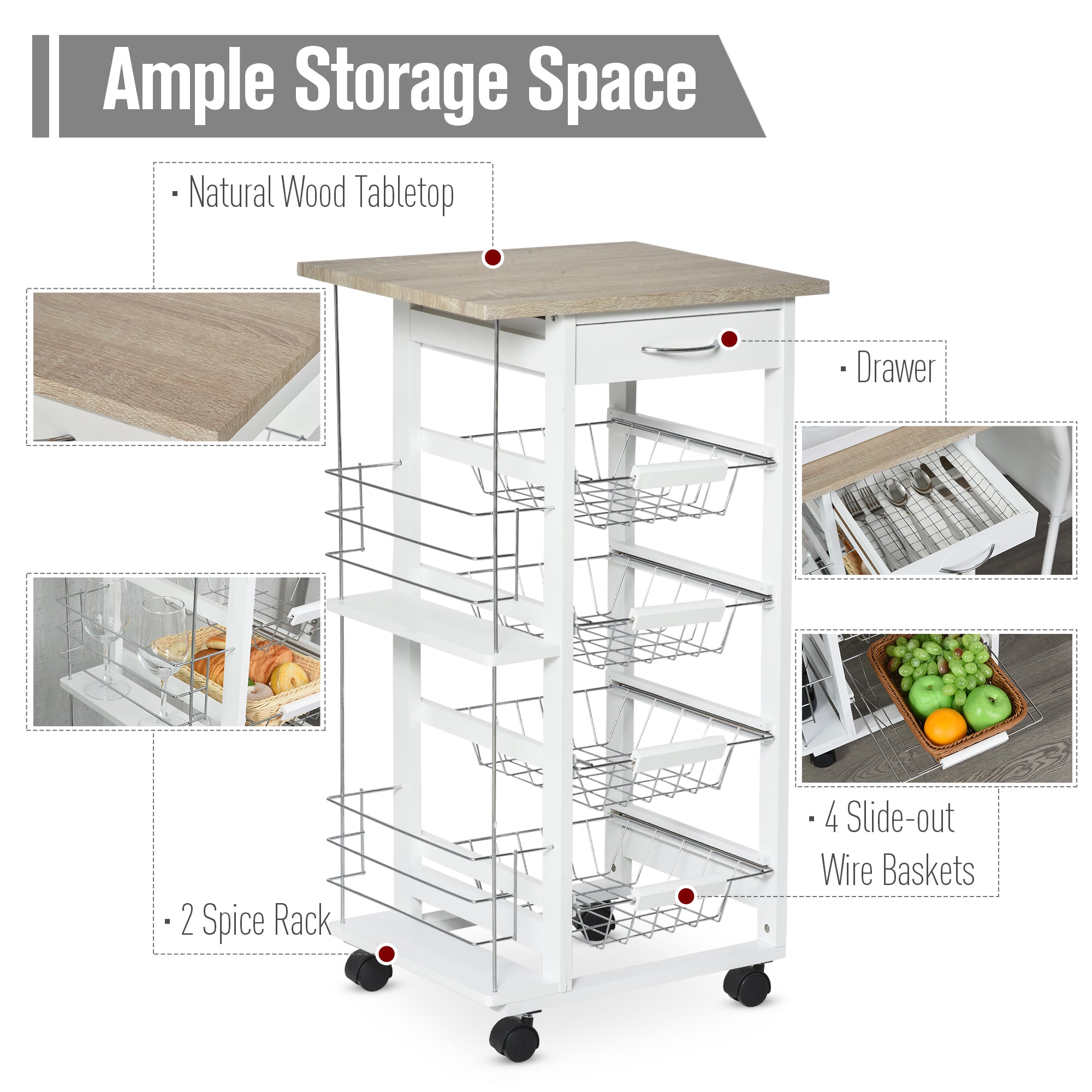 Rolling Kitchen Cart, Utility Storage Cart with 4 Basket Drawers & Side Racks, Wheels for Dining Room, Brown