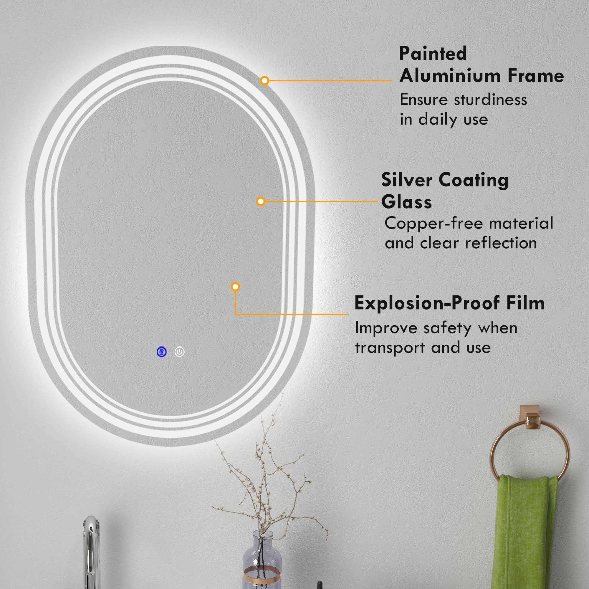 700 x 500mm Bathroom Mirror with LED Lights Makeup Mirror with Anti-fog Touch, Switch, Vertical or Horizontal