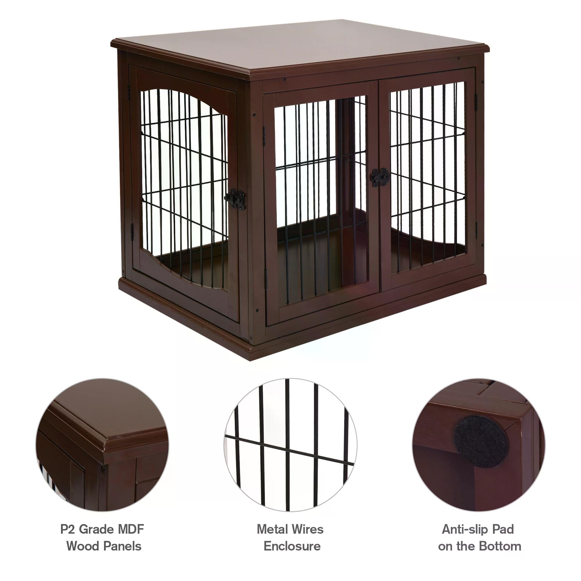 66cm Modern Indoor Pet Cage w/ Metal Wire 3 Doors Latches Base Small Animal House Tabletop Crate Decorative Stylish Brown