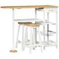3 Piece Breakfast Bar Table Set with Storage Shelf, Drawer, Wire Basket & Wine Rack - Natural & White