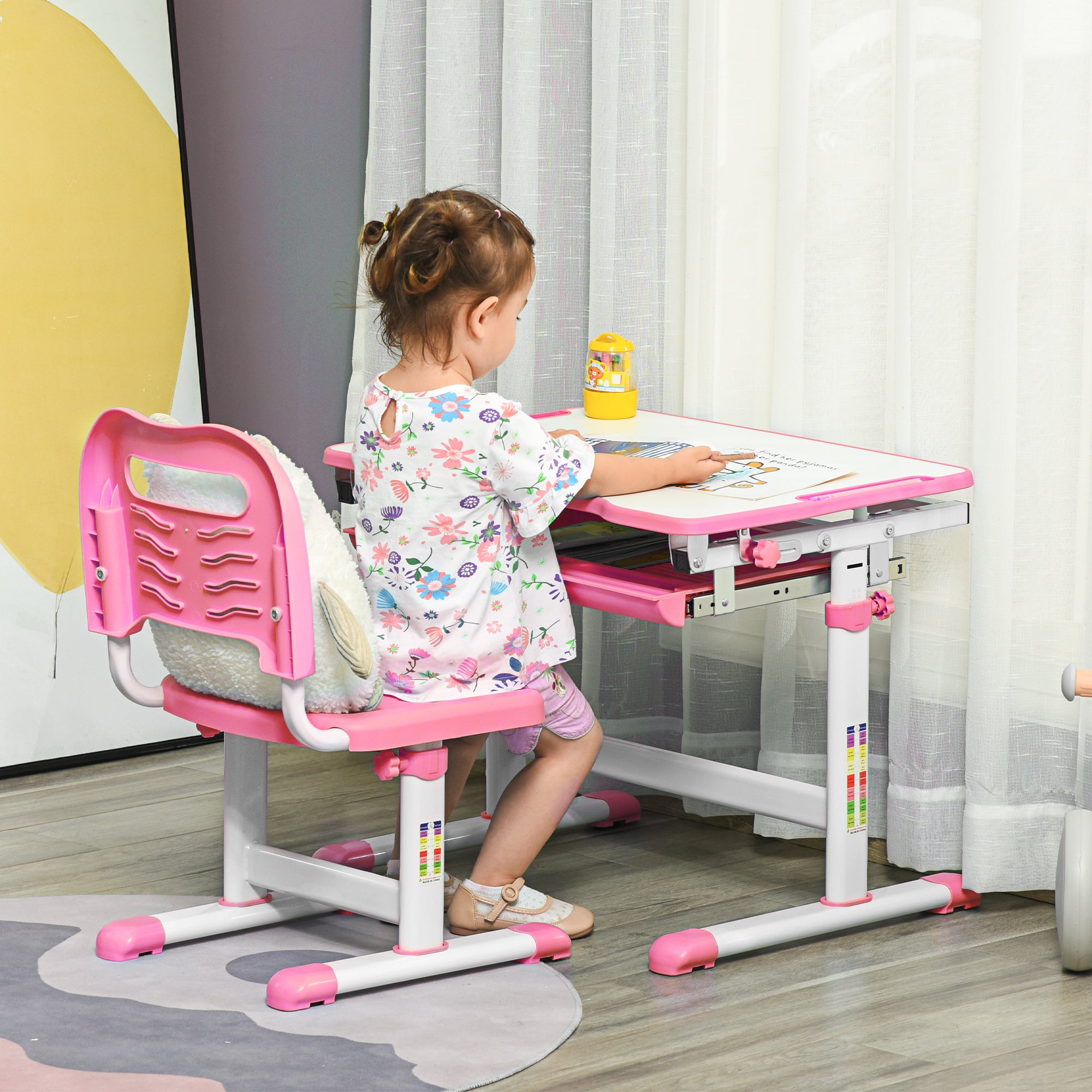 Kids Desk and Chair Set, Student Adjustable Writing Desk, with Drawer, Pen Slot, Hook - Pink