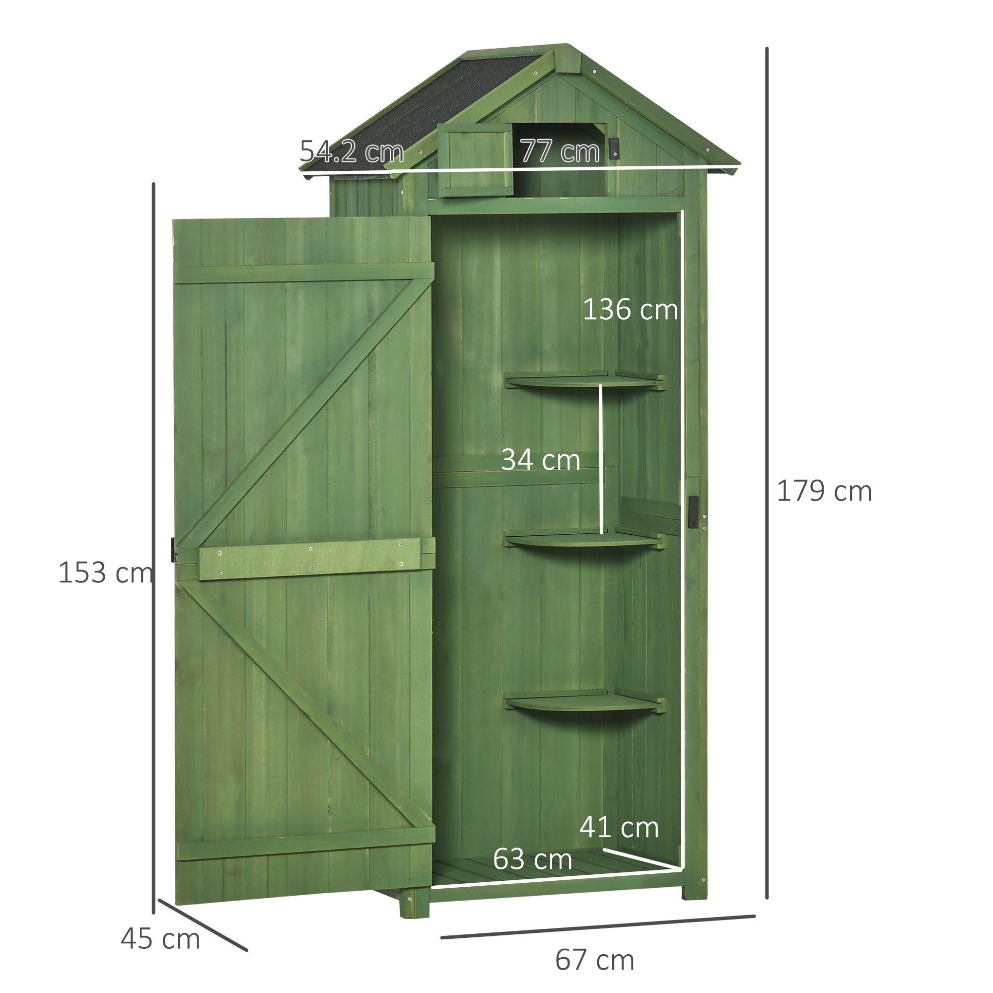 Garden Shed Vertical Utility 3 Shelves Shed Wood Outdoor Garden Tool Storage Unit Storage Cabinet, 77 x 54.2 x 179cm - Green