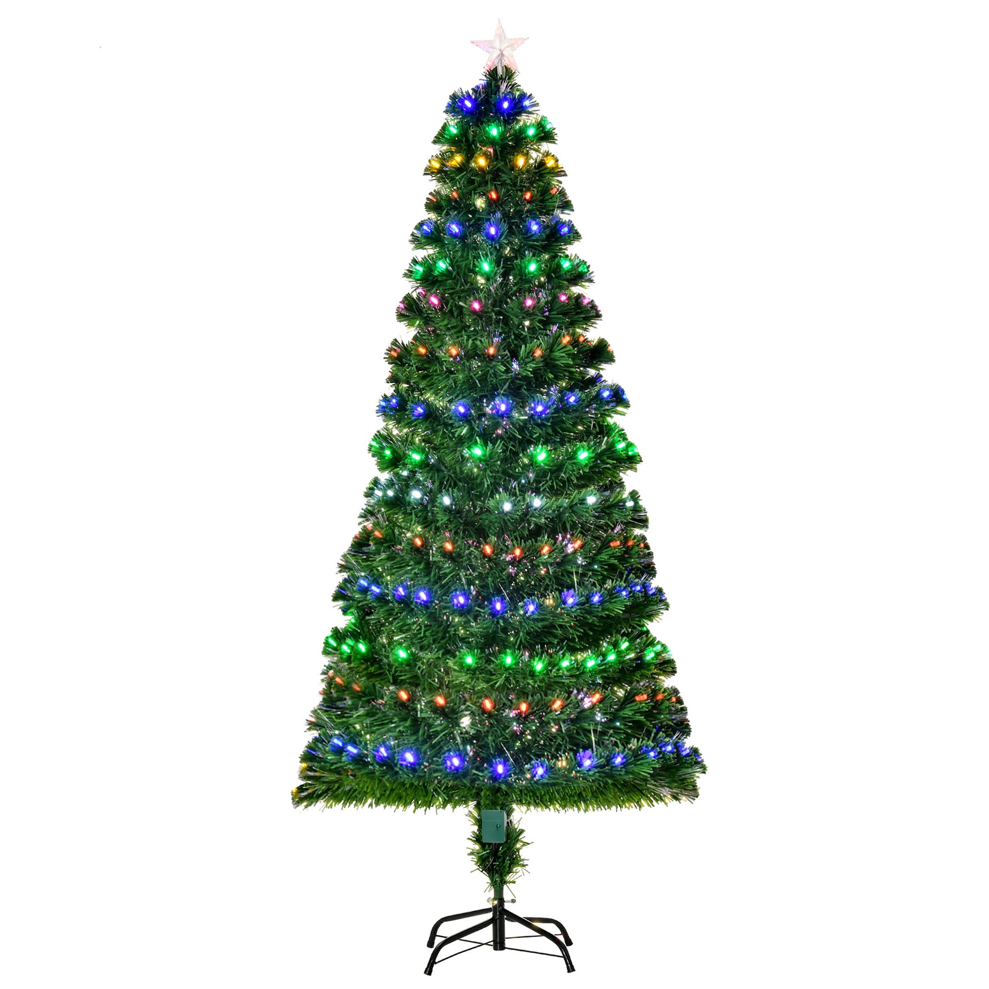 6ft Pre-Lit Fiber Optic Christmas Tree W/ Star Tree Topper, Solid Metal Base, 220 Branch Tips, 6 Color LED Lights Decoration