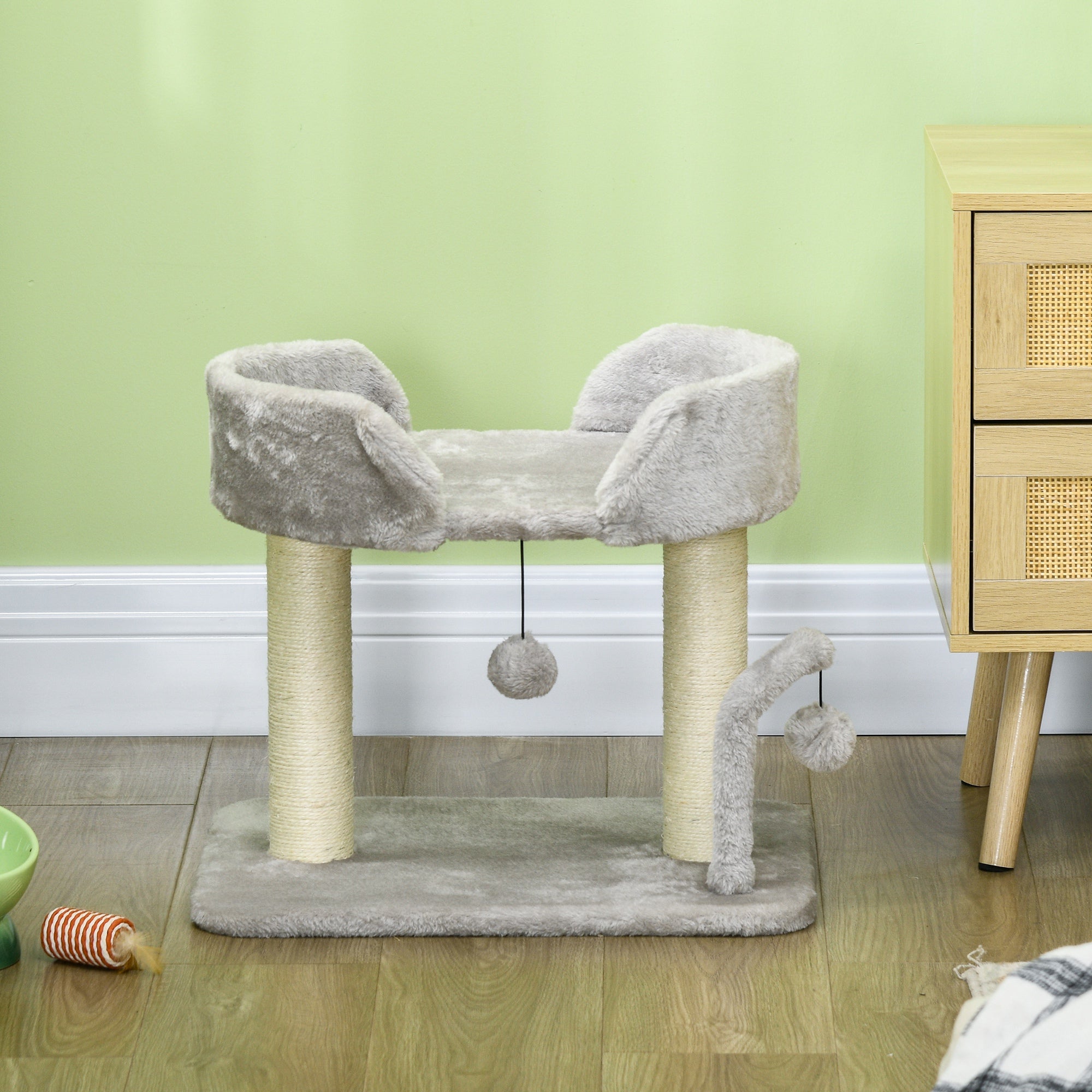 42cm Indoor Cat Tree, with Toy Balls, Sisal Scratching Post - Light Grey