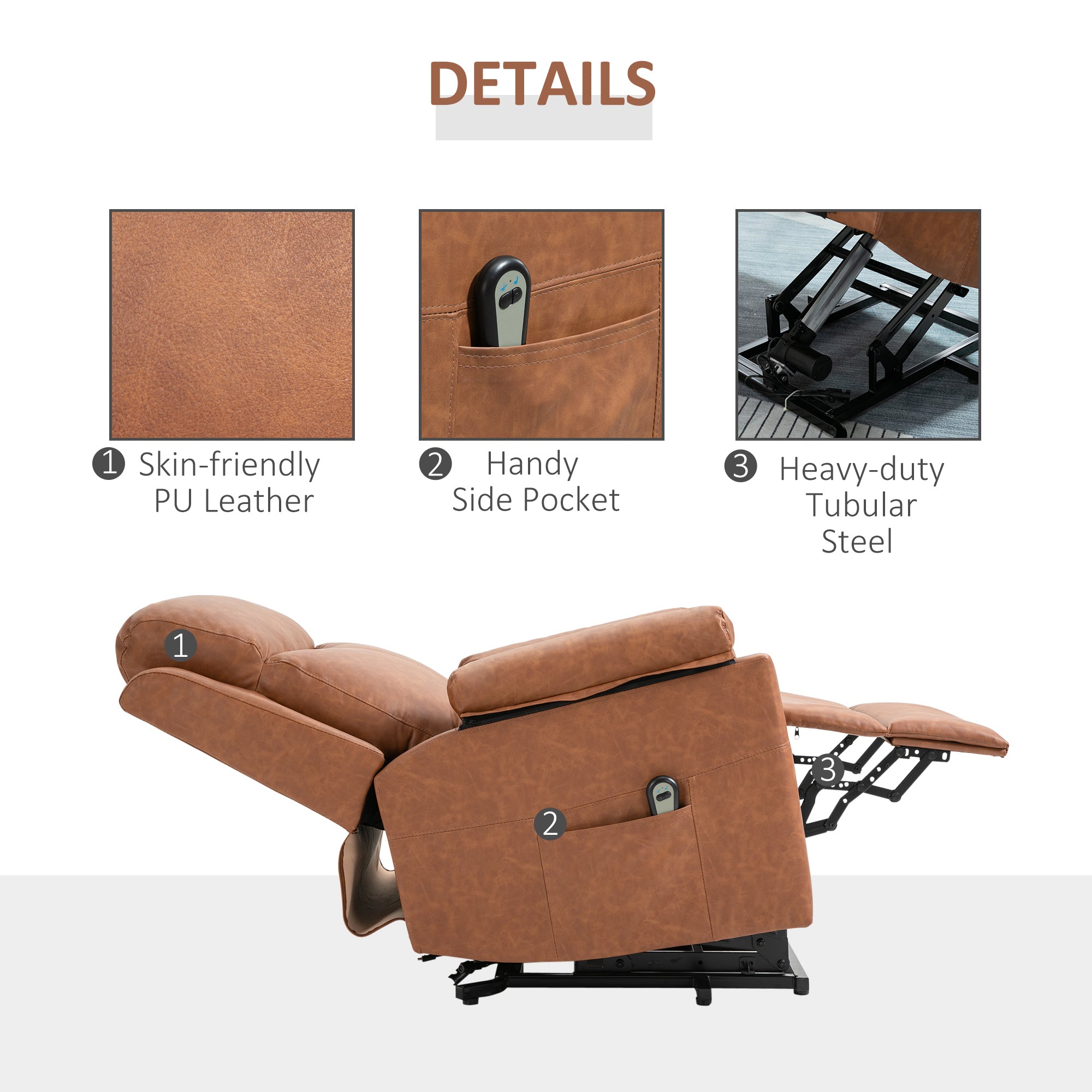 Power Lift Chair Electric Riser Recliner for Elderly, Faux Leather Sofa Lounge Armchair with Remote Control and Side Pocket, Brown