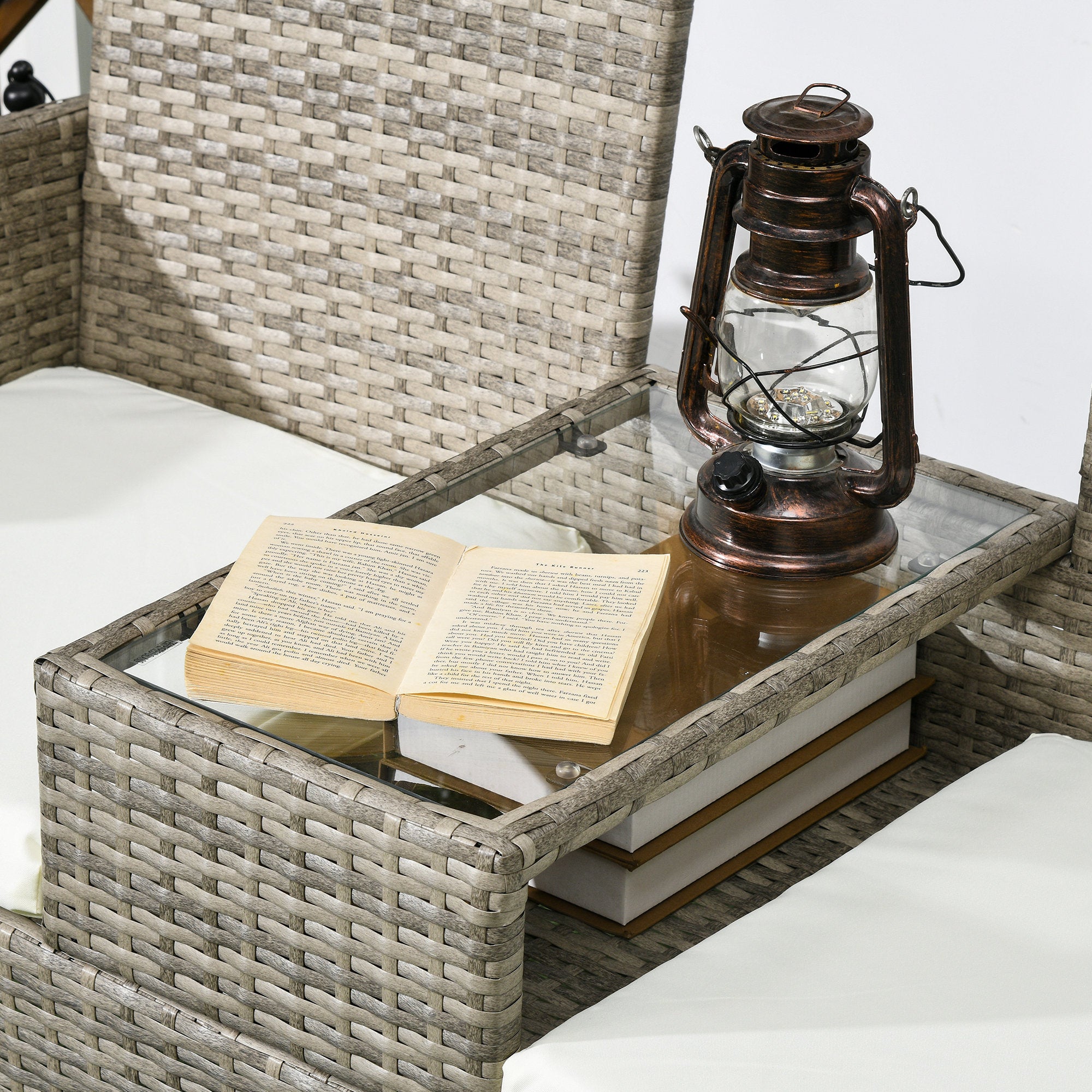 2 Piece Rattan Garden Loveseat Set with Glass Table - Grey