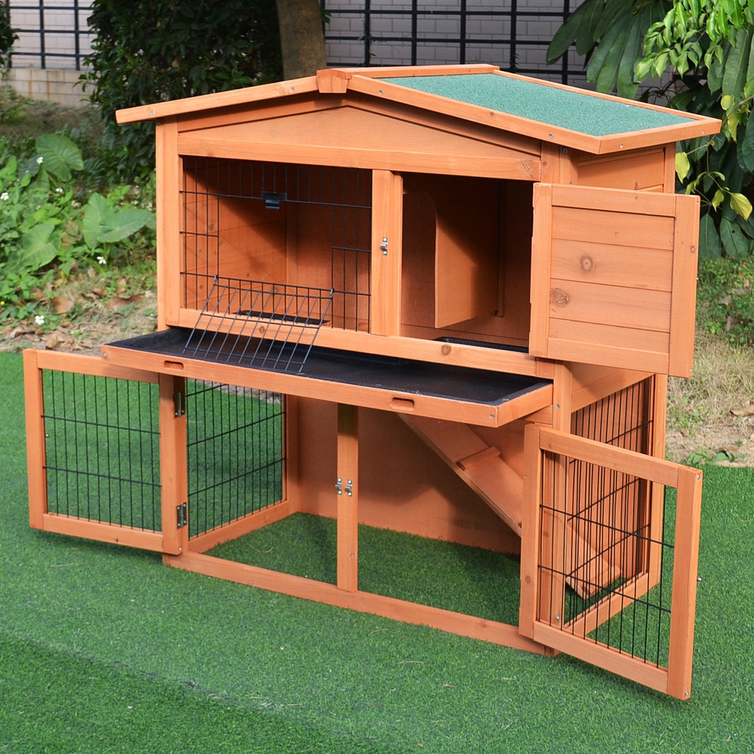 2 Tier Rabbit Hutch Guinea Pig Hutch Ferret Cage with Ramp Slide Out Tray for Indoor Outdoor 100.5 x 55 x 101 cm