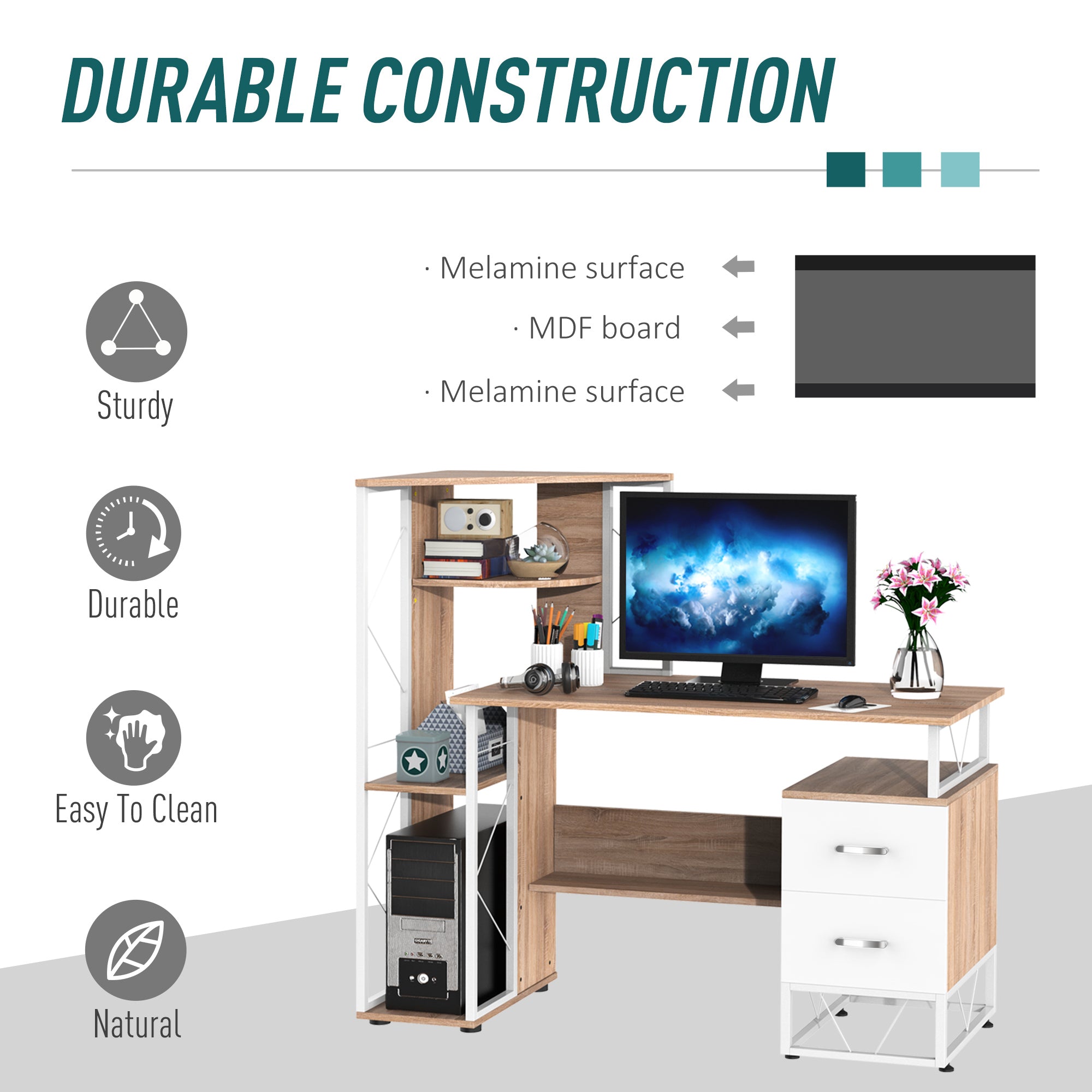 Computer Writing Desk PC Workstation w/2 Drawers Multi-Shelves Home Office Furniture