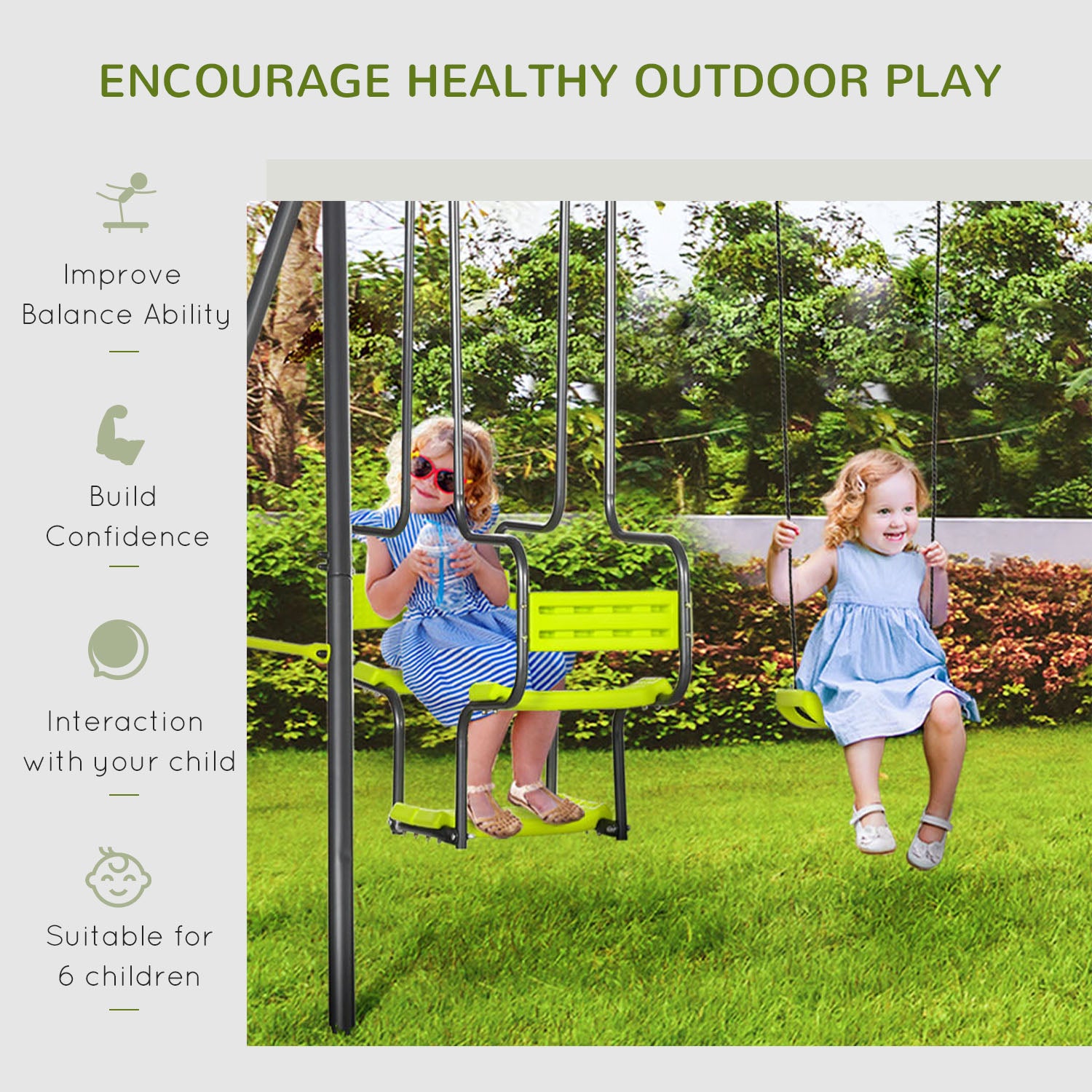 Metal Garden Swing Set with Double Swings Glider Swing Seats Green