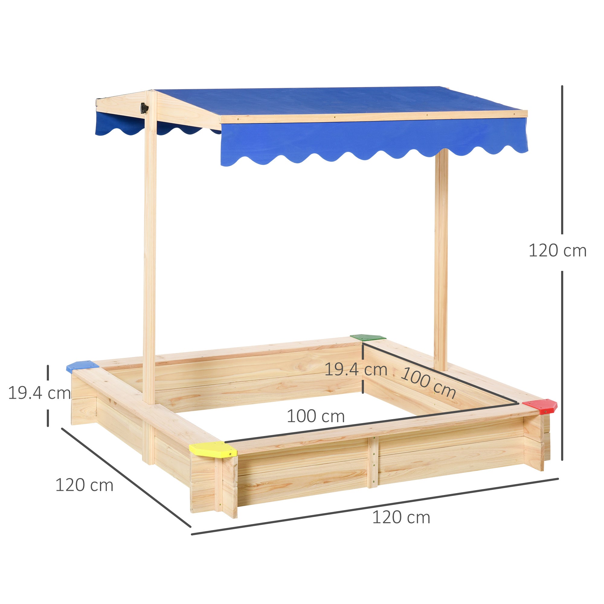 Kids Wooden Sandpit Children Cabana Square Sandbox Outdoor Backyard Playset Play Station Adjustable Canopy Bench Seat 120x120x120cm