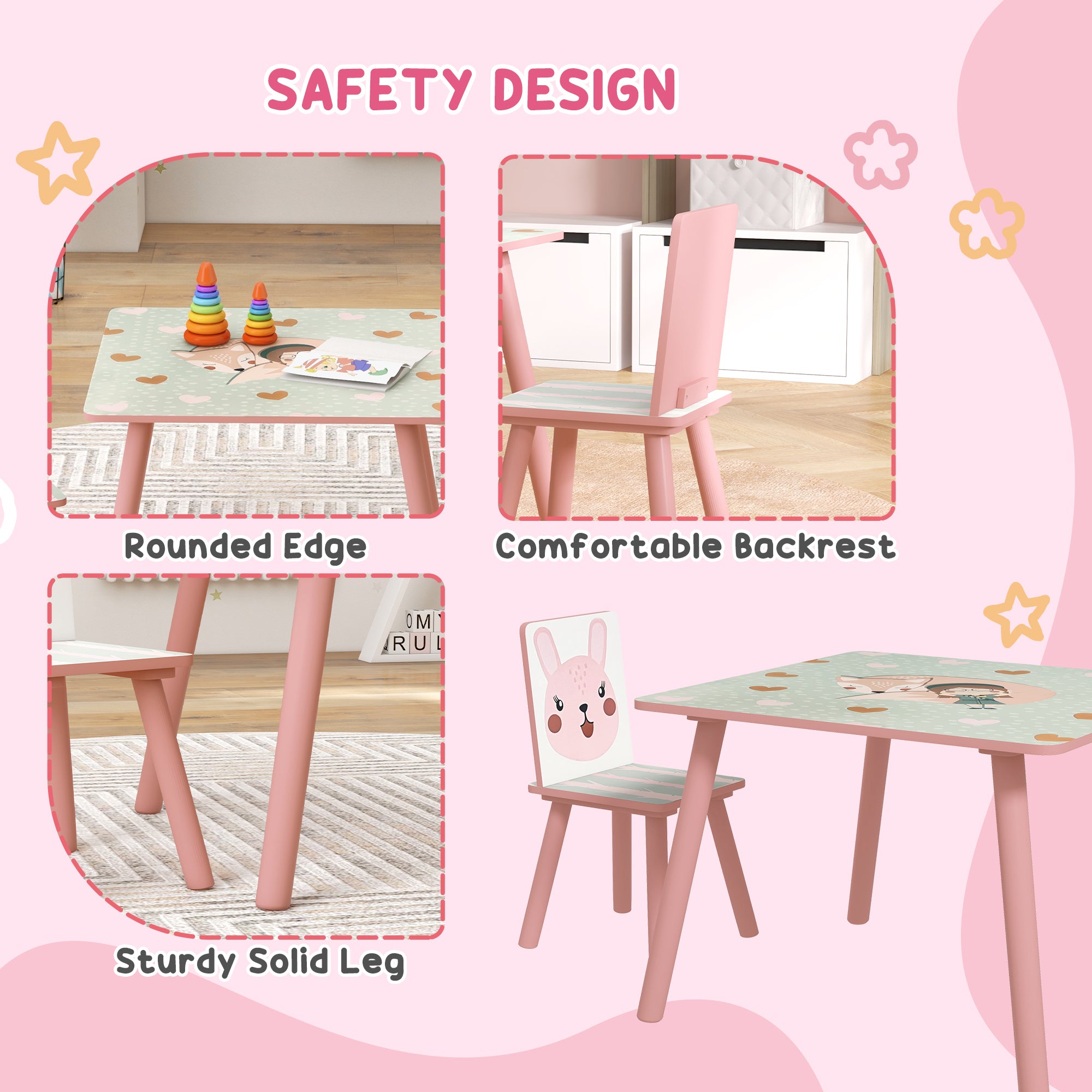 Kids and Table Chairs, Children Desk with Two Chairs, Toddler Furniture Set, for Ages 3-6 Years - Pink