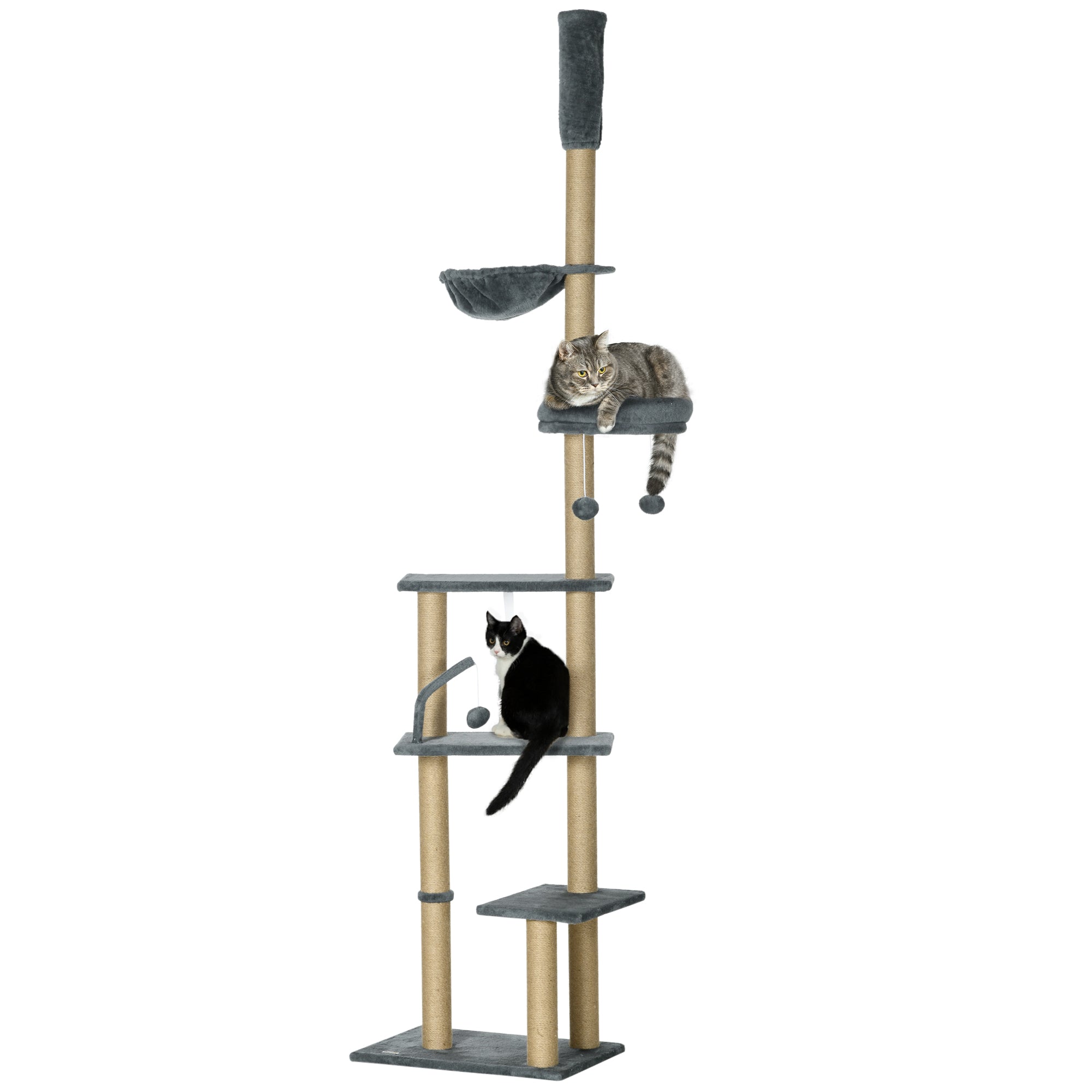 Floor to Ceiling Cat Tree, 6-Tier Play Tower Climbing Activity Center w/ Scratching Post, Hammock, Adjustable Height 230-250cm, Grey