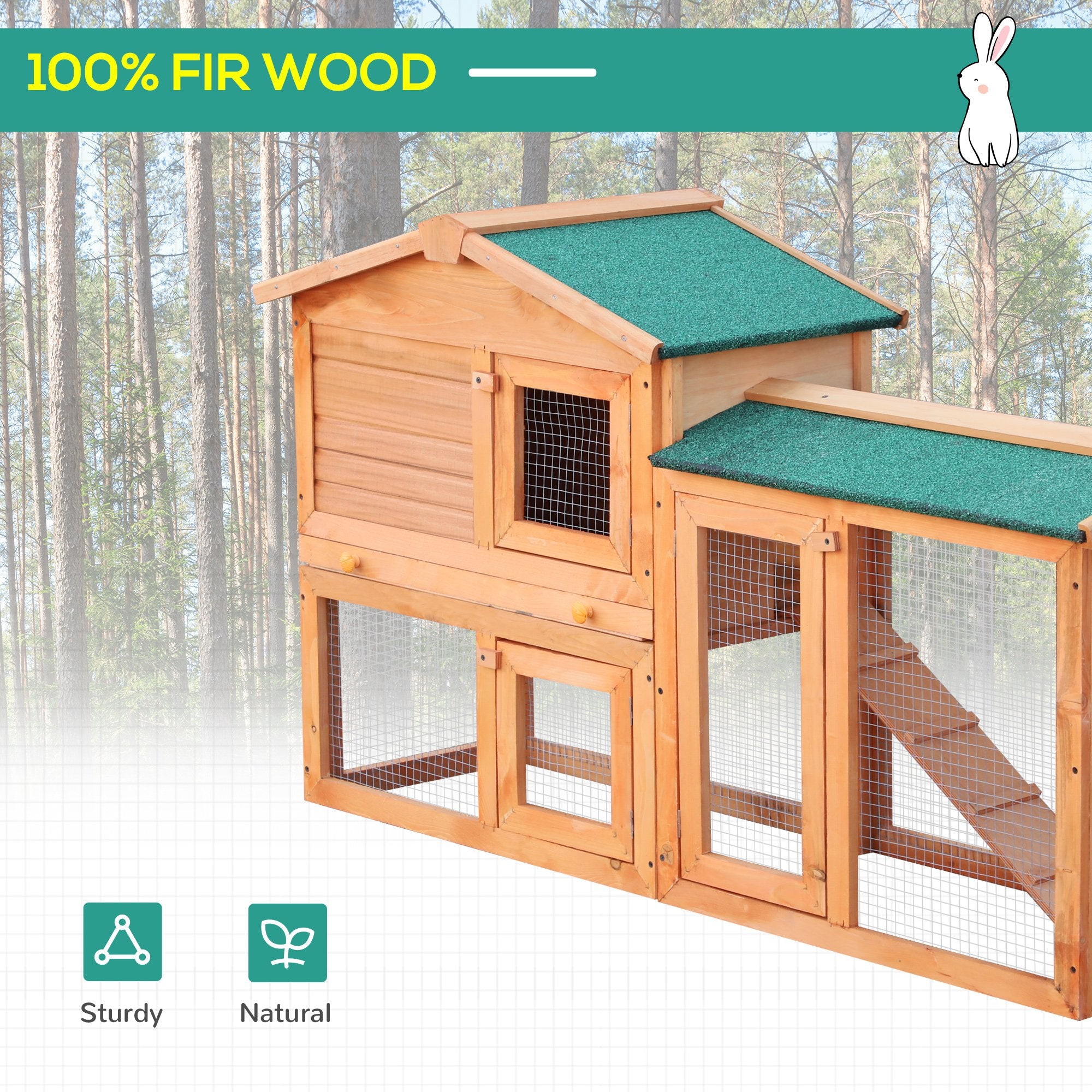 Rabbit 2 Tier Fir Wood Small Animal Hutch w/ Ramp Brown
