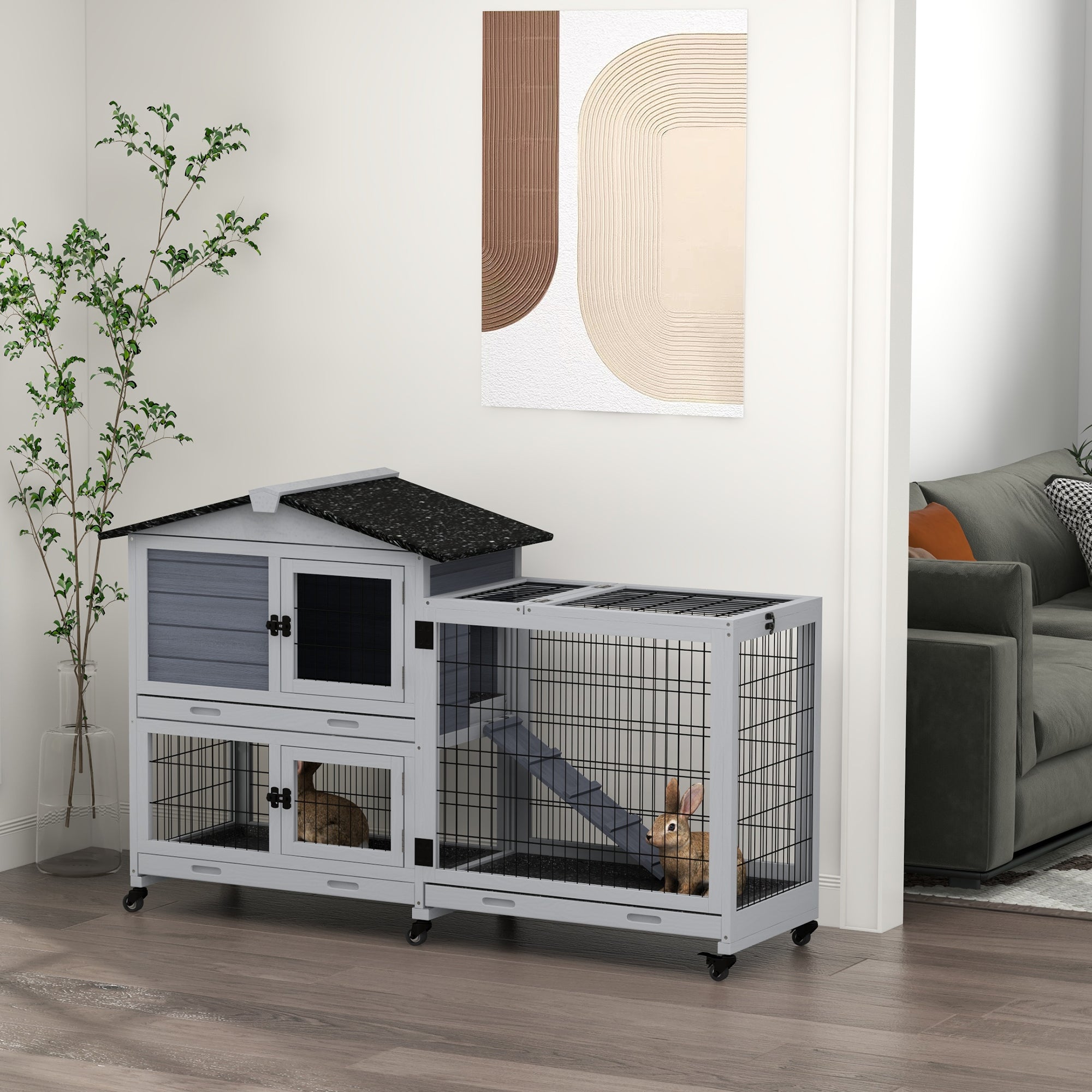 Portable Rabbit Cage, Rabbit Hutch with Run, Wheels, 3 Slide-out Trays, Ramp, Openable Top for Outdoor Indoor - Grey