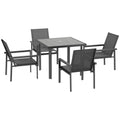 5-Piece Garden Dining Set with Glass Top Table, Umbrella Hole & 4 Mesh Armchairs - Grey