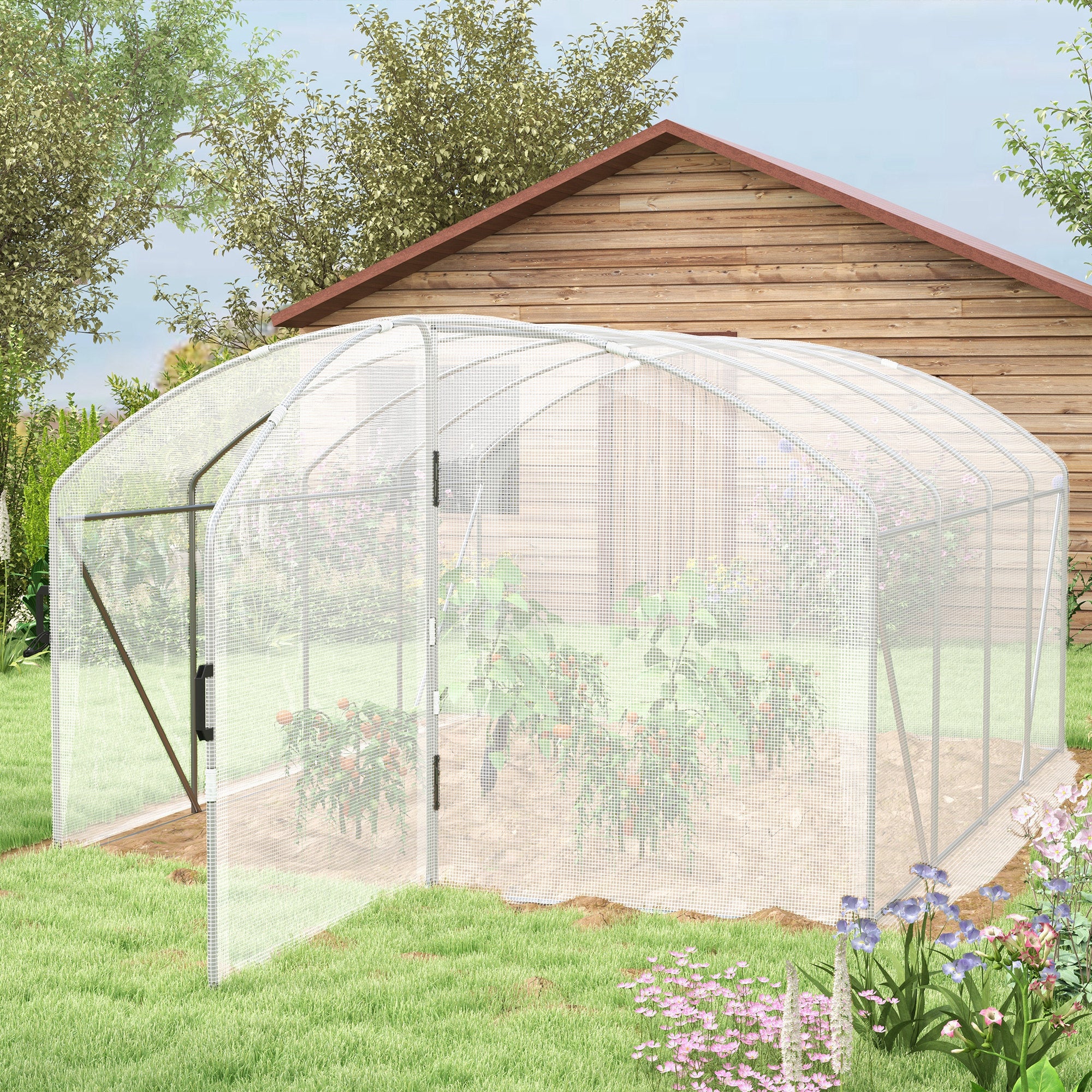 Polytunnel Greenhouse Walk-in Grow House with UV-resistant PE Cover, Door, Galvanised Steel Frame, 4 x 3 x 2m, White