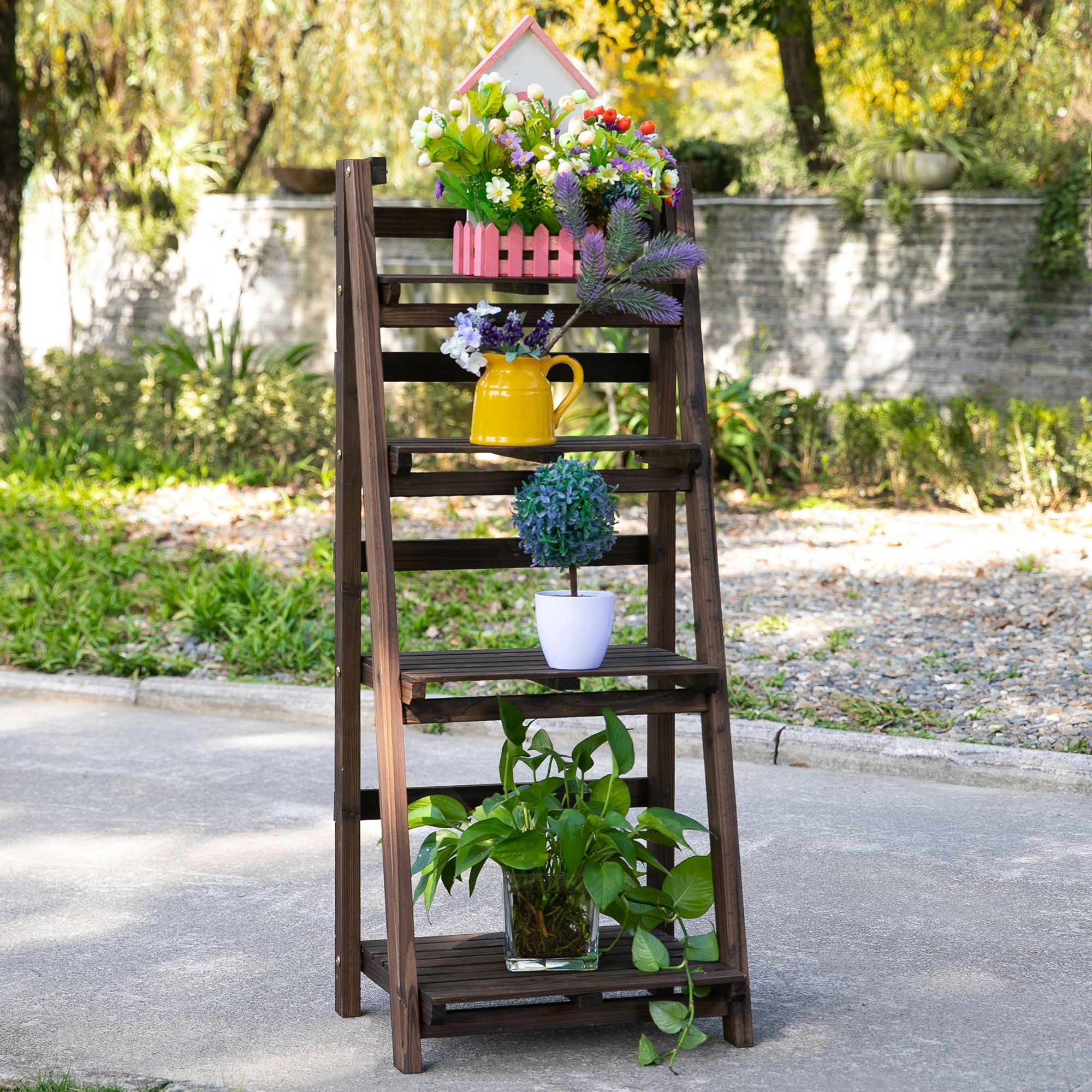 4-Tier Wooden Plant Shelf Foldable Plant Pots Holder Stand Indoor Outdoor 45L x 35W x 108H cm