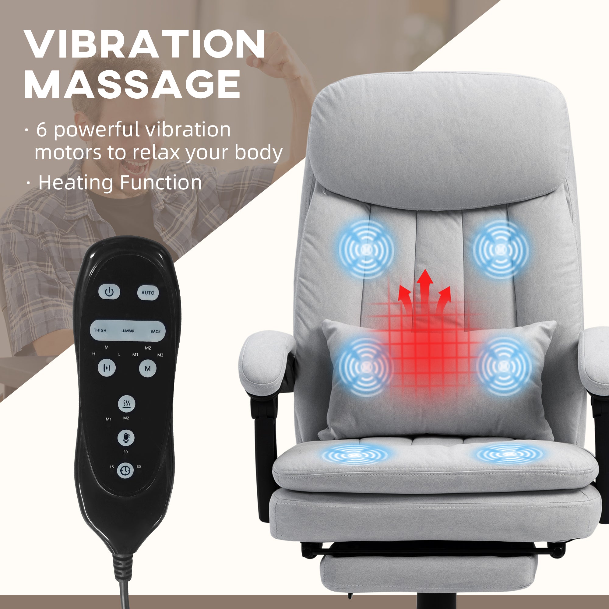 Vibration Massage Office Chair with Heat, Microfibre Computer Chair with Footrest, Lumbar Support Pillow, Armrest, Reclining Back, Grey