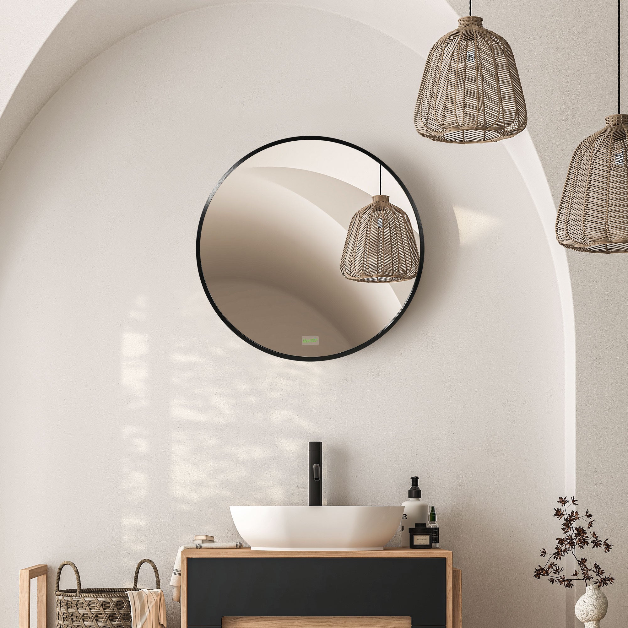 Round Bathroom Mirror, Modern Wall-mounted Makeup Mirror with Aluminium Frame for Washroom Living Room, Black, 50x50 cm