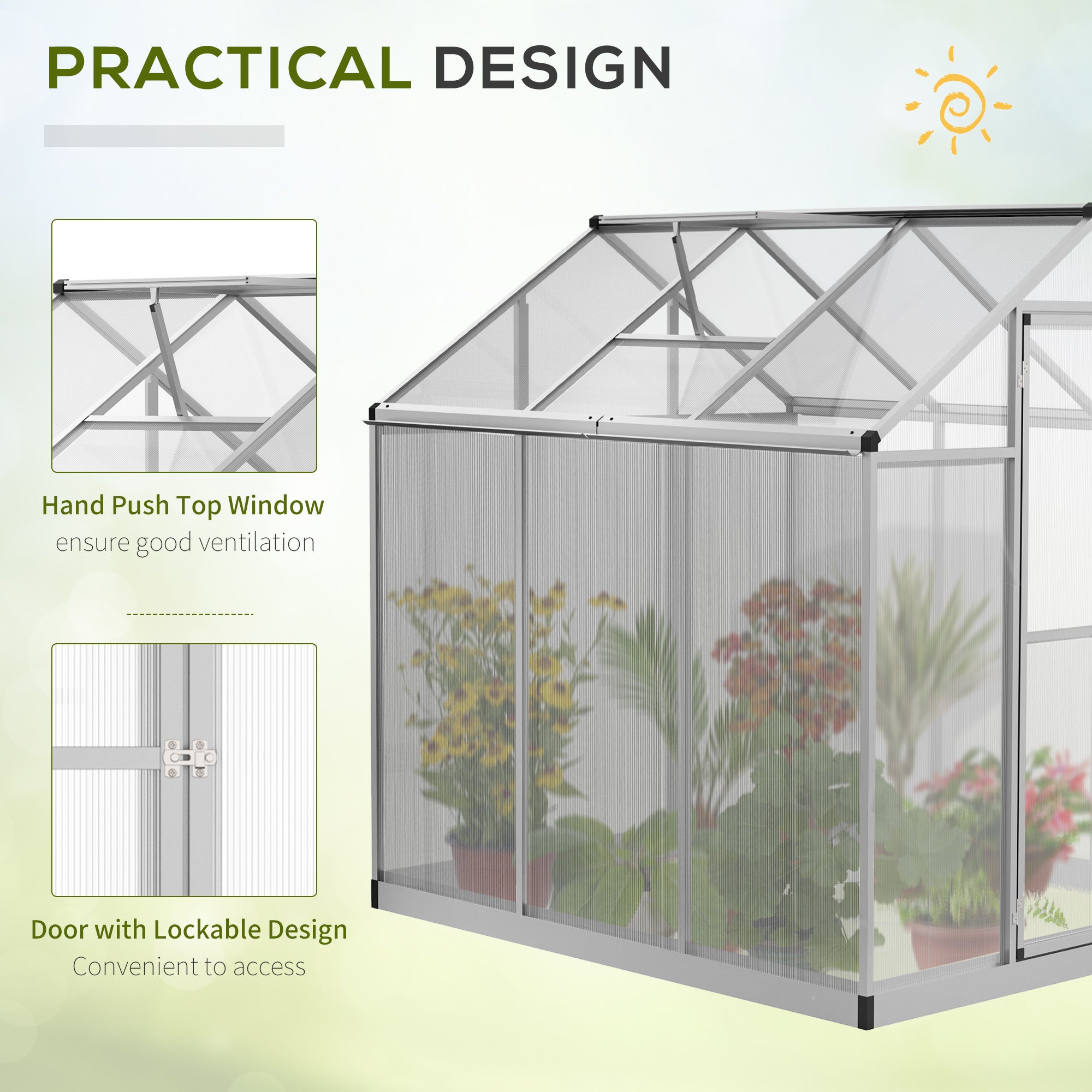 6x6ft Clear Polycarbonate Greenhouse Aluminium Frame Large Walk-In Garden Plants Grow