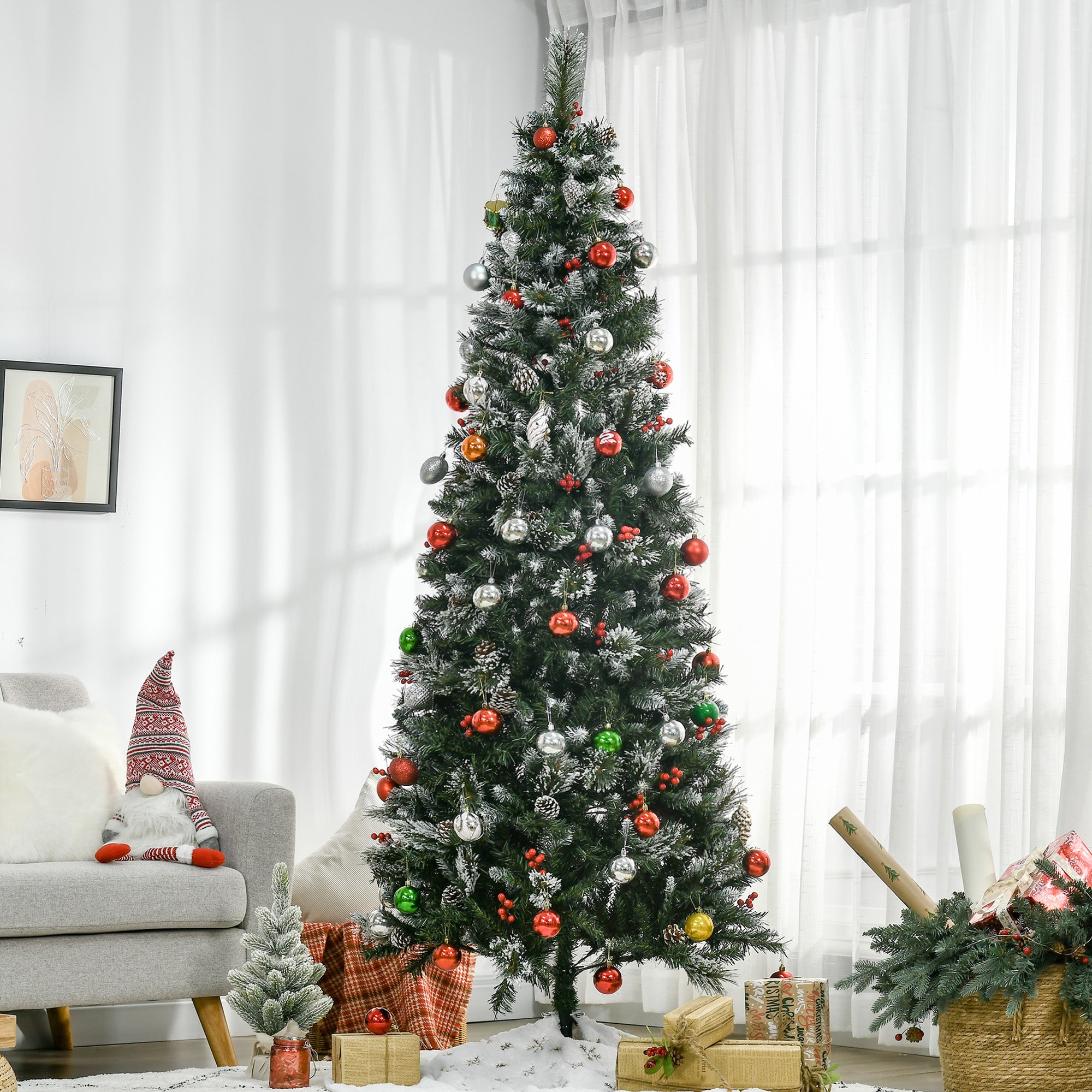 7 Foot Snow Dipped Artificial Christmas Tree Slim Pencil Xmas Tree with 738 Realistic Branches, Pine Cones, Red Berries, Auto Open, Green