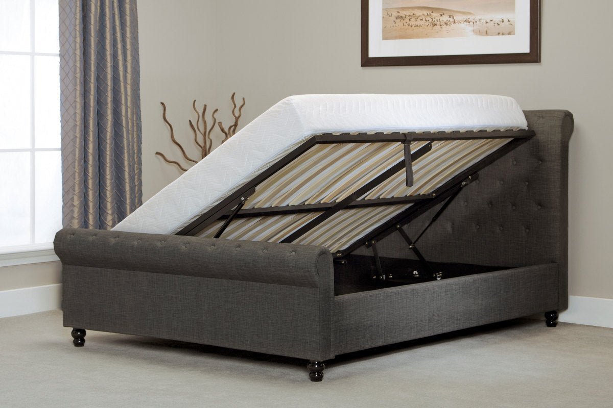 Oxford Scroll Button Upholstered Ottoman Bed Grey - Double - Bedzy UK modern and affordable home furniture England