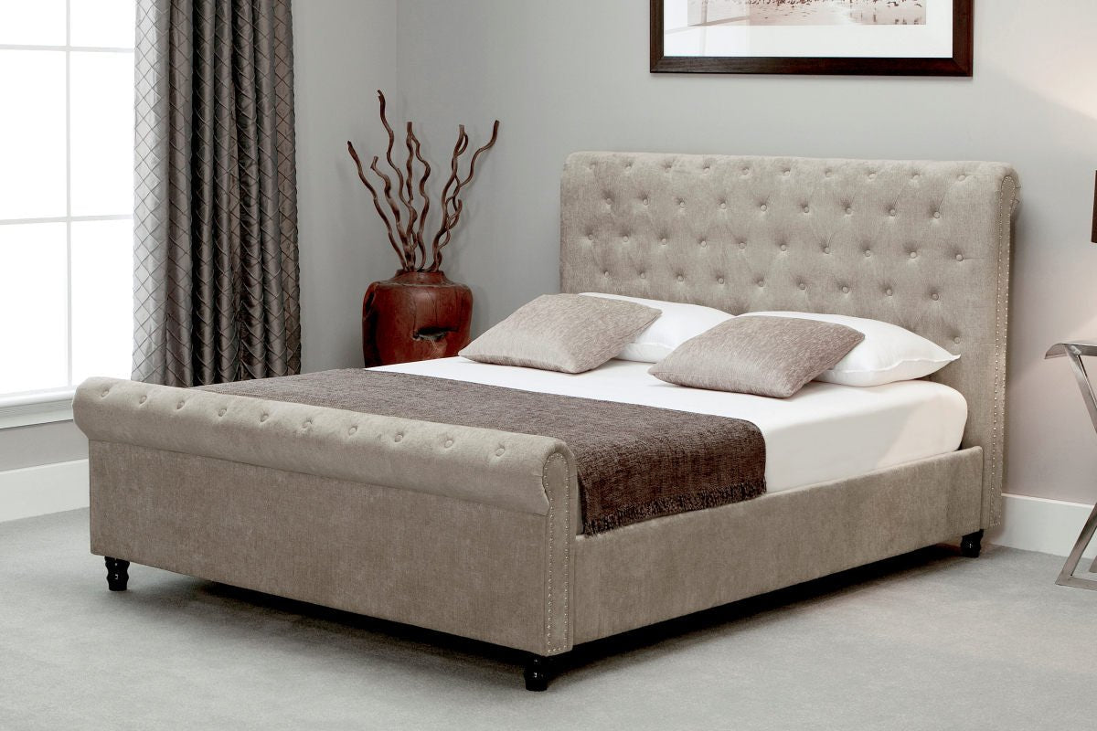 Oxford Scroll Button Upholstered Ottoman Bed Stone - Double - Bedzy UK modern and affordable home furniture England