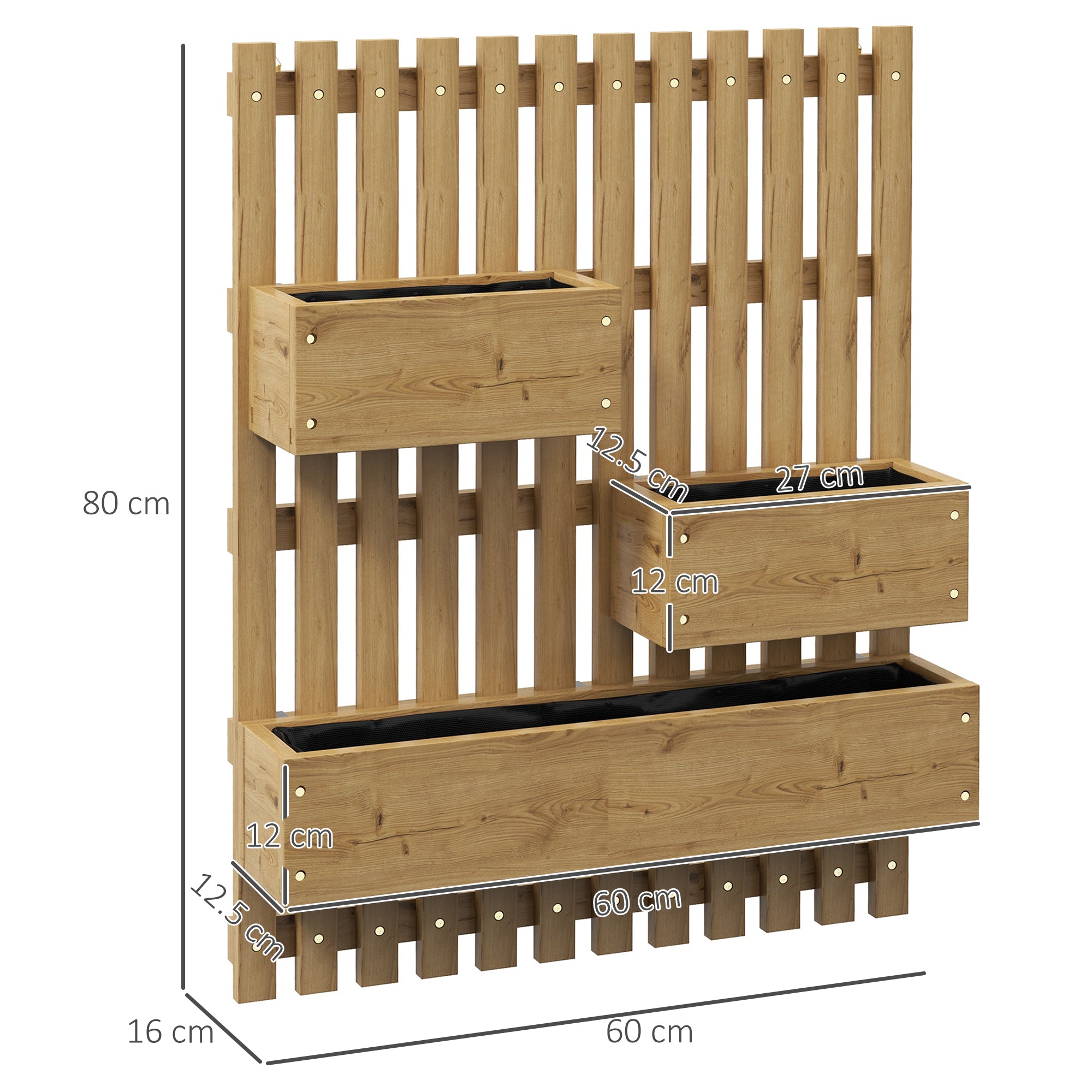 Wall-mounted Wooden Garden Planters with Trellis, Drainage Holes and 3 Planter Boxes for Patio, Carbonised