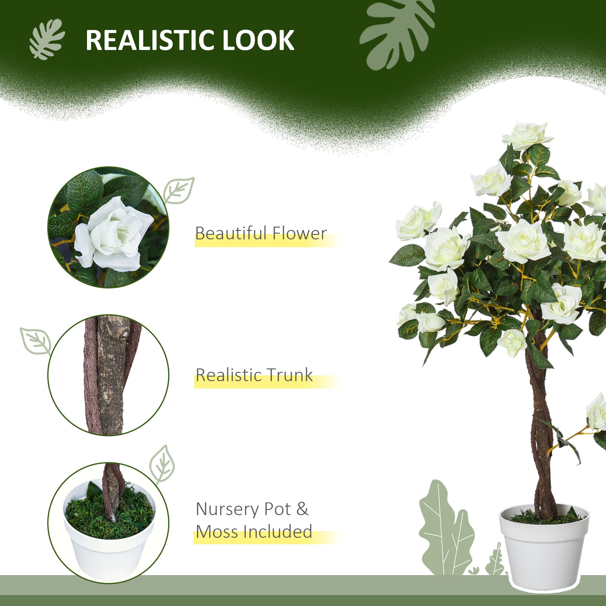 Set of 2 Artificial White Rose Plants in Cement Pots 90cm - White