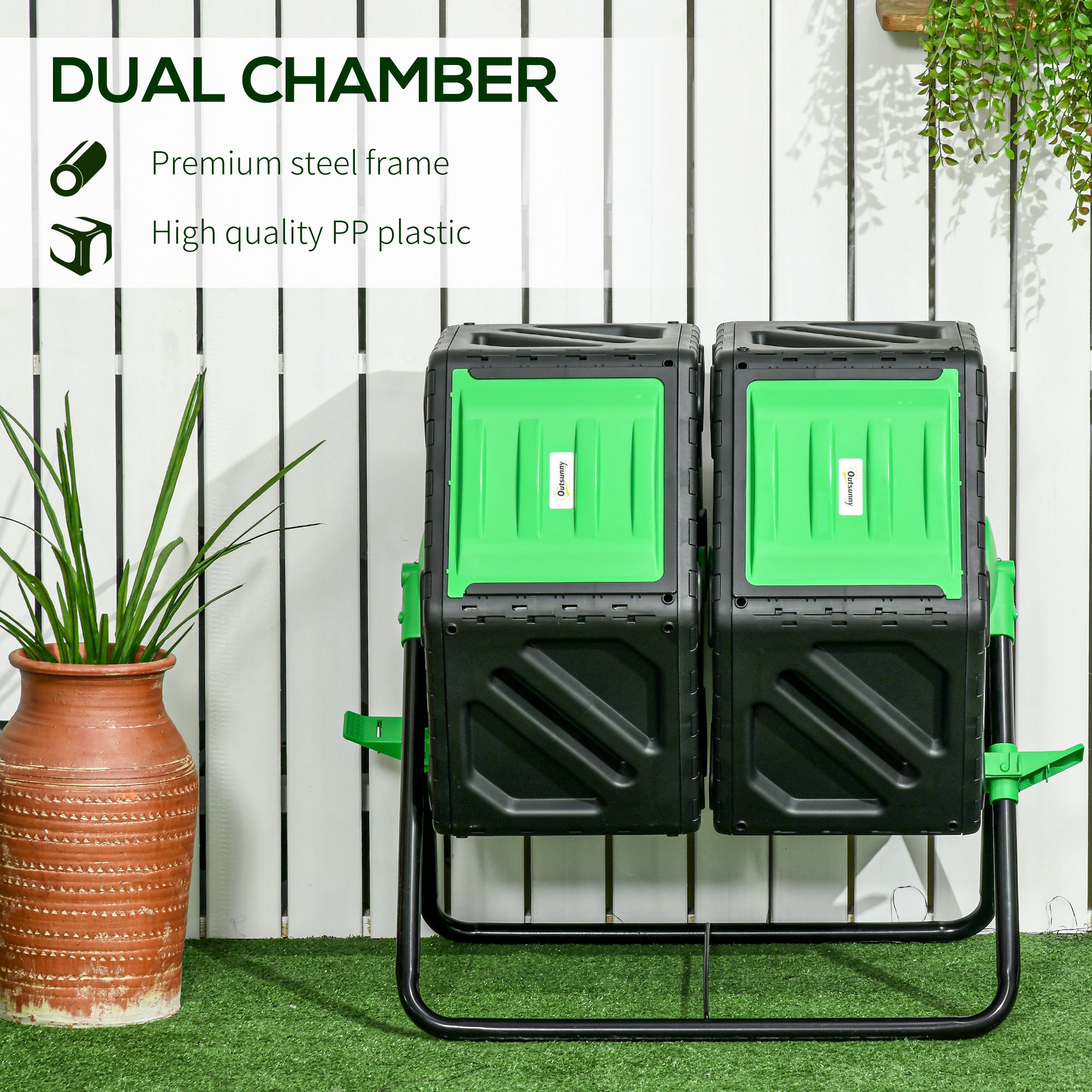 Dual Chamber Garden Compost Bin, 130L Rotating Composter, Compost Maker with Ventilation Openings and Steel Legs