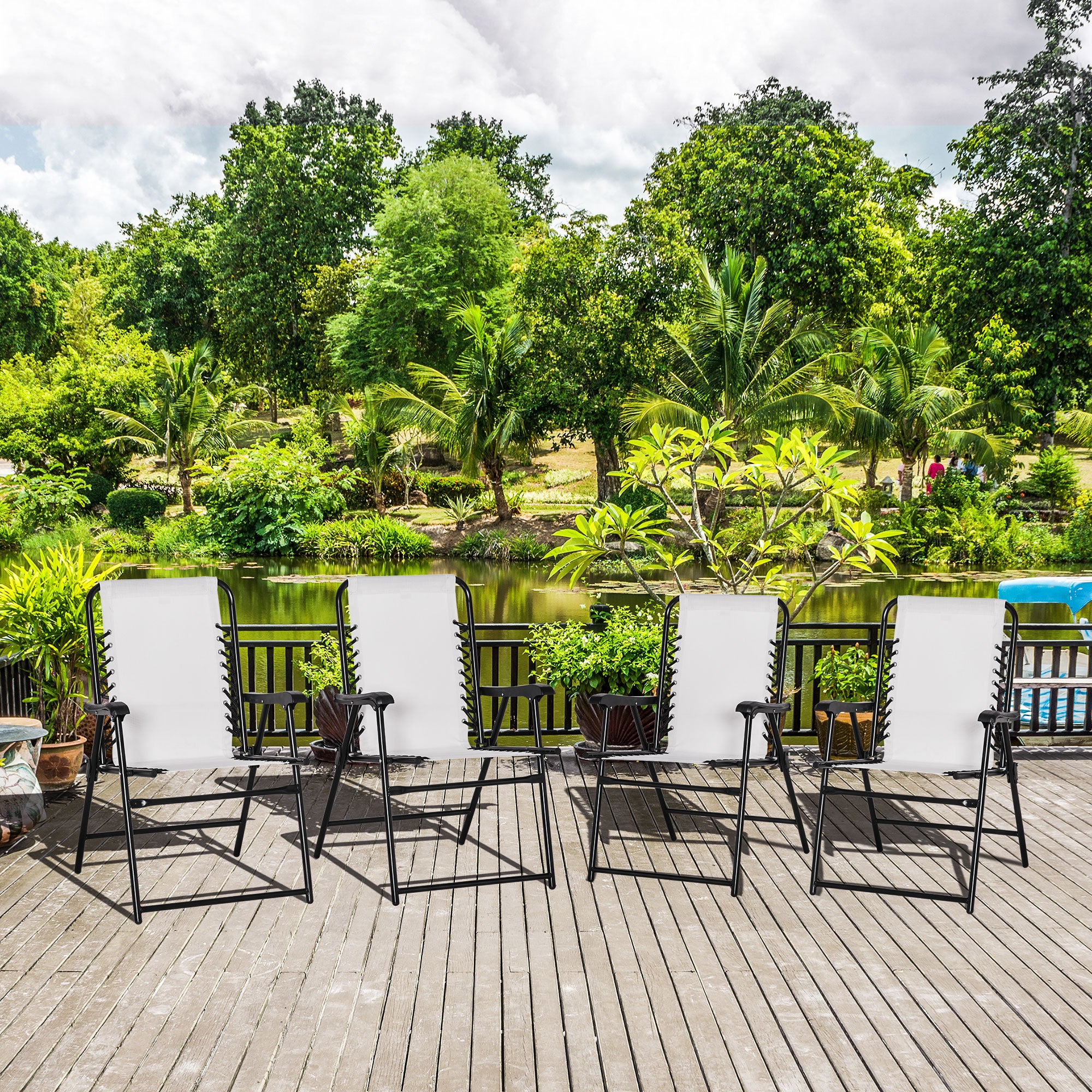 Pieces Patio Folding Chair Set, Outdoor Portable Loungers for Camping Pool Beach Deck, Lawn Chairs with Armrest Steel Frame, Cream White