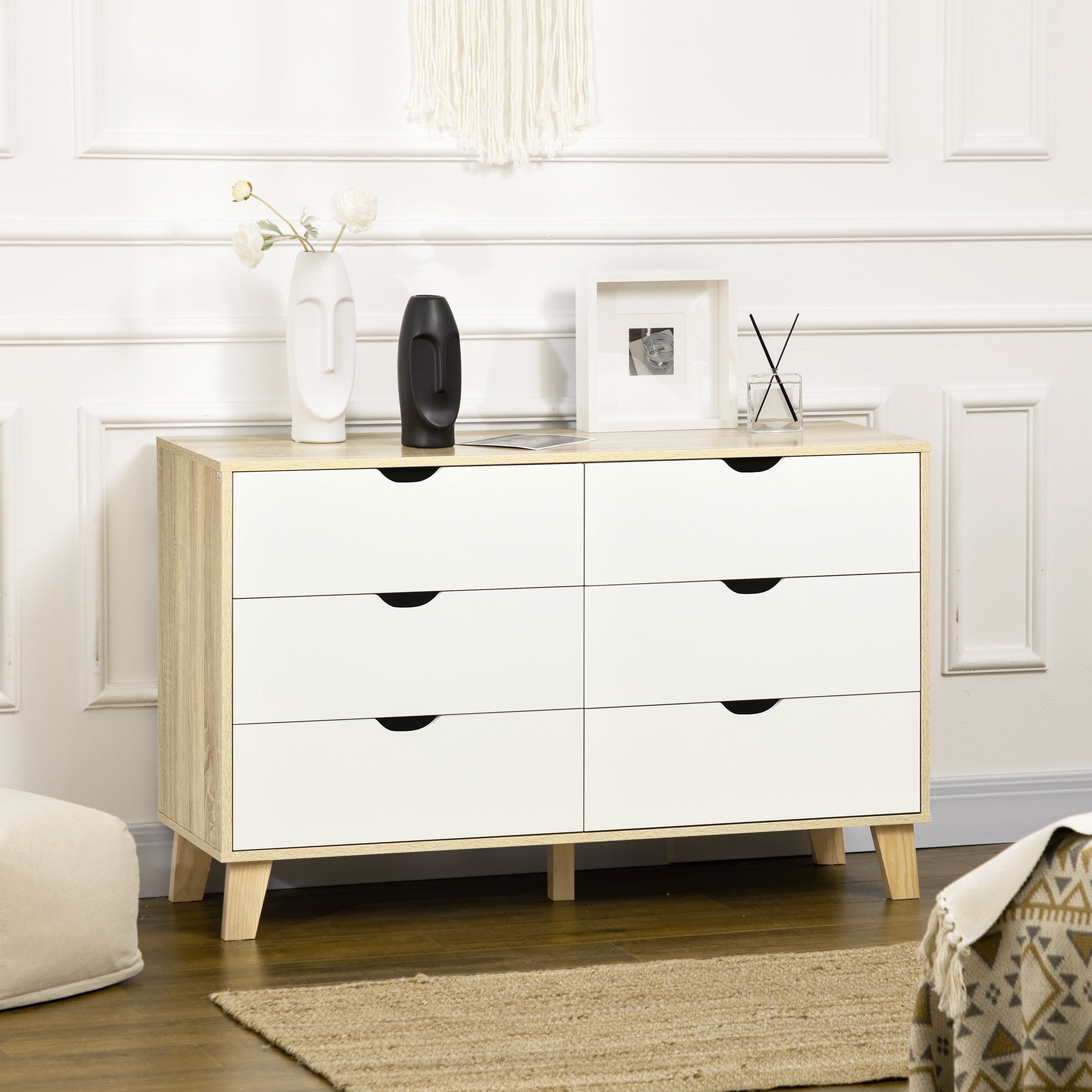 Wide Chest of Drawers, 6-Drawer Storage Organiser Unit with Wood Legs for Bedroom, Living Room, White and Light Brown