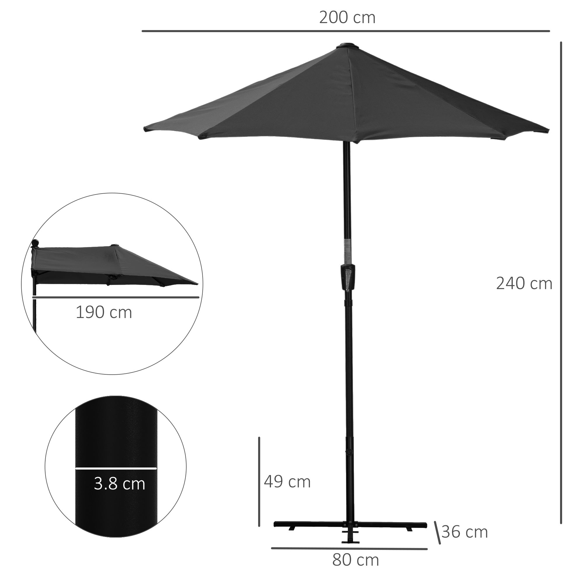 2m Half Parasol Market Umbrella Garden Balcony Parasol with Crank Handle, Base, Double-Sided Canopy, Black